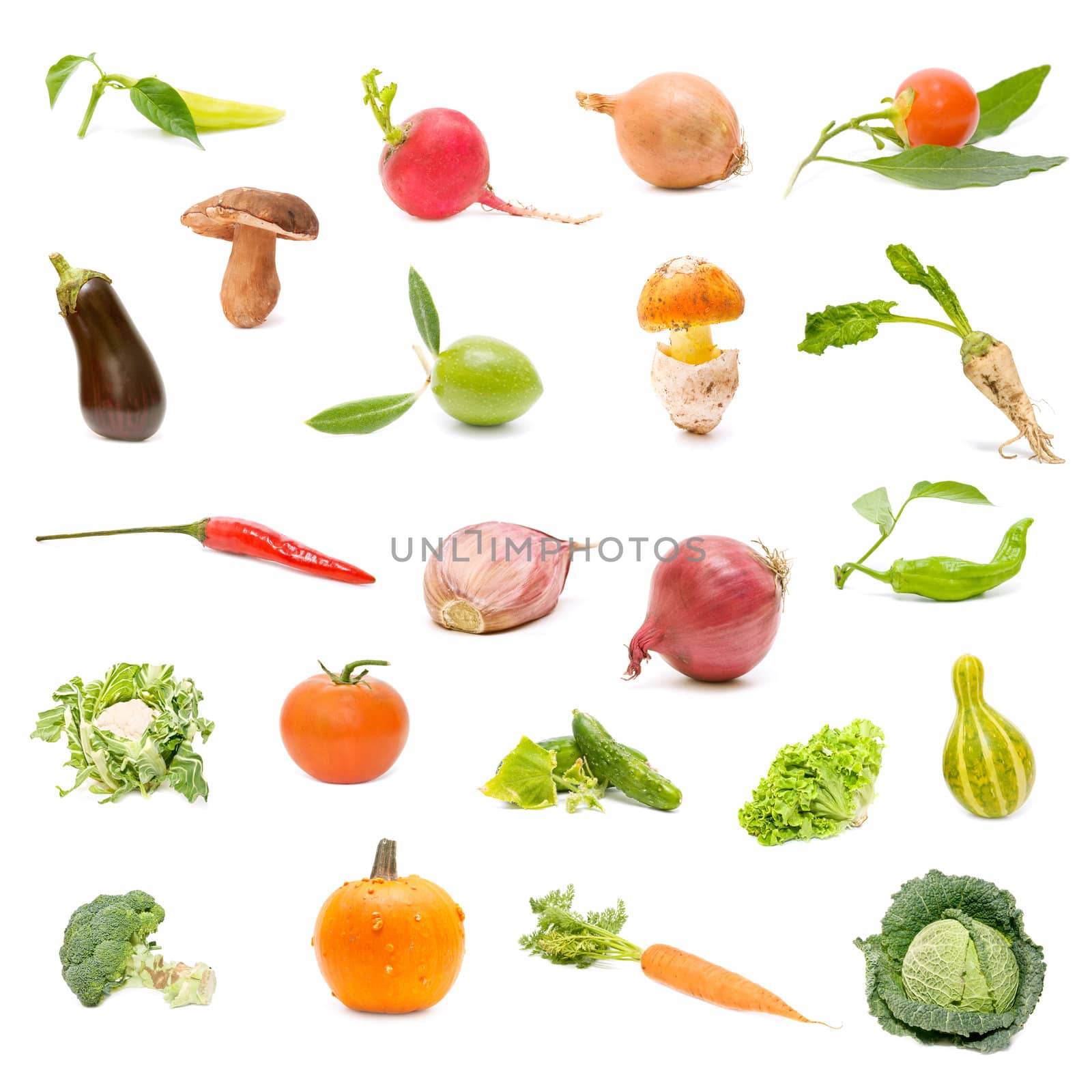collection of fresh vegetables on white background
