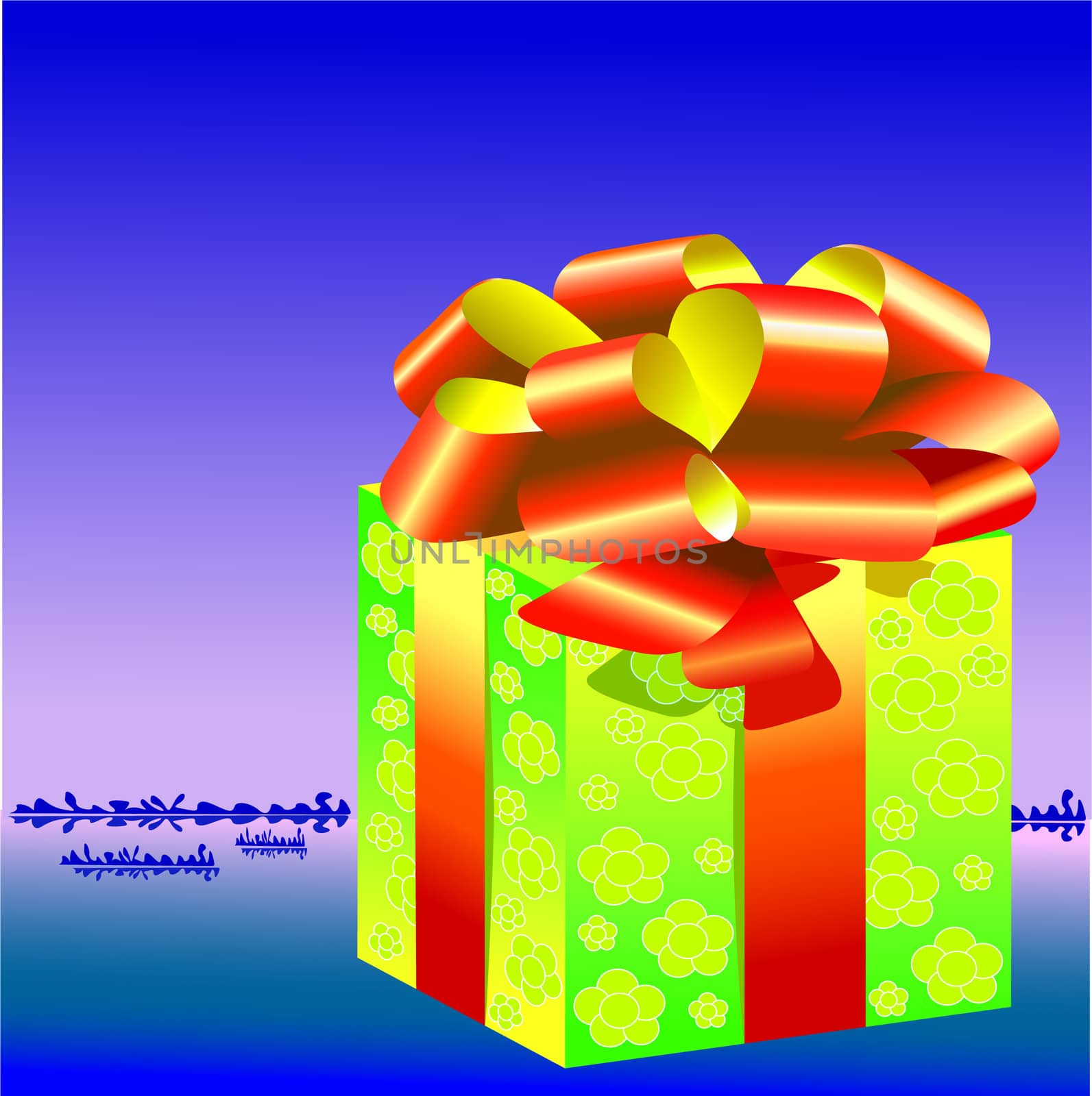 gift box, red bow, a bow on the box, tied ribbon, a yellow flowered box, vector drawing, a surprise in the box