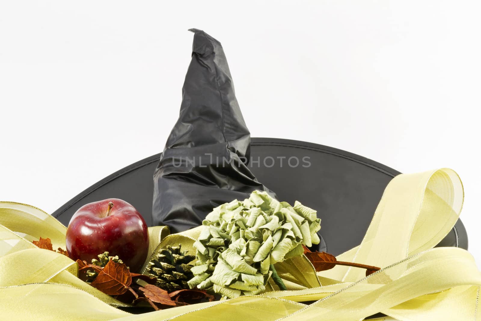 Black witch's hat is placed in a feminine tumble of autumn objects including an apple, pine cones, dried leaves, dried green blossom, and gold ribbon.