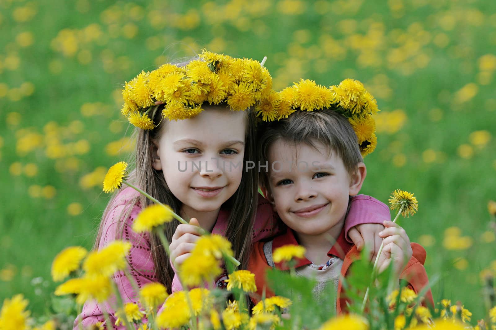 Brother and sister enjoy summer time in the dandelion meadow.