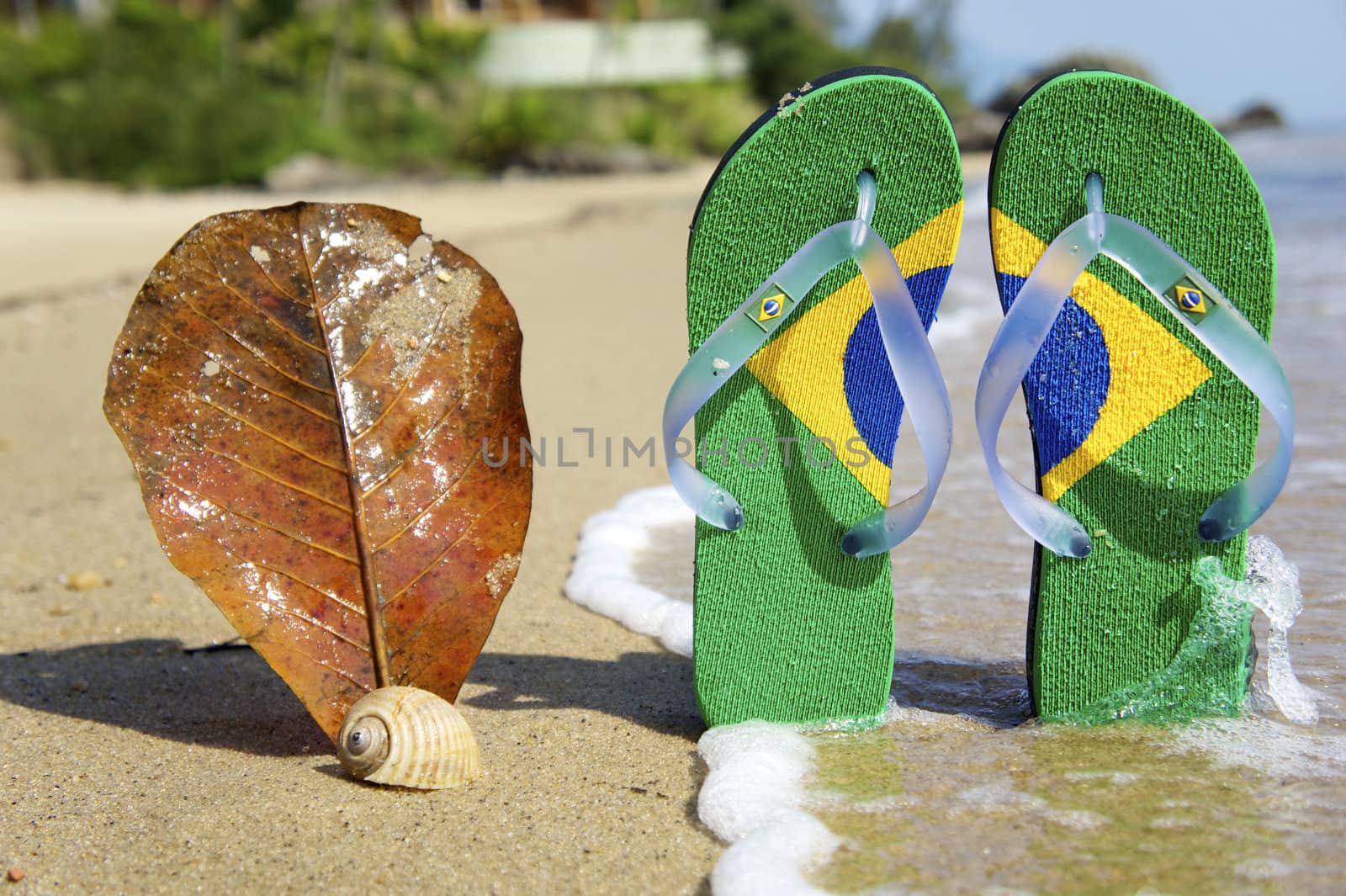 razilian Flipflop on the beach in Ilhabela, Sao Paulo state, Brazil, RAW shooting