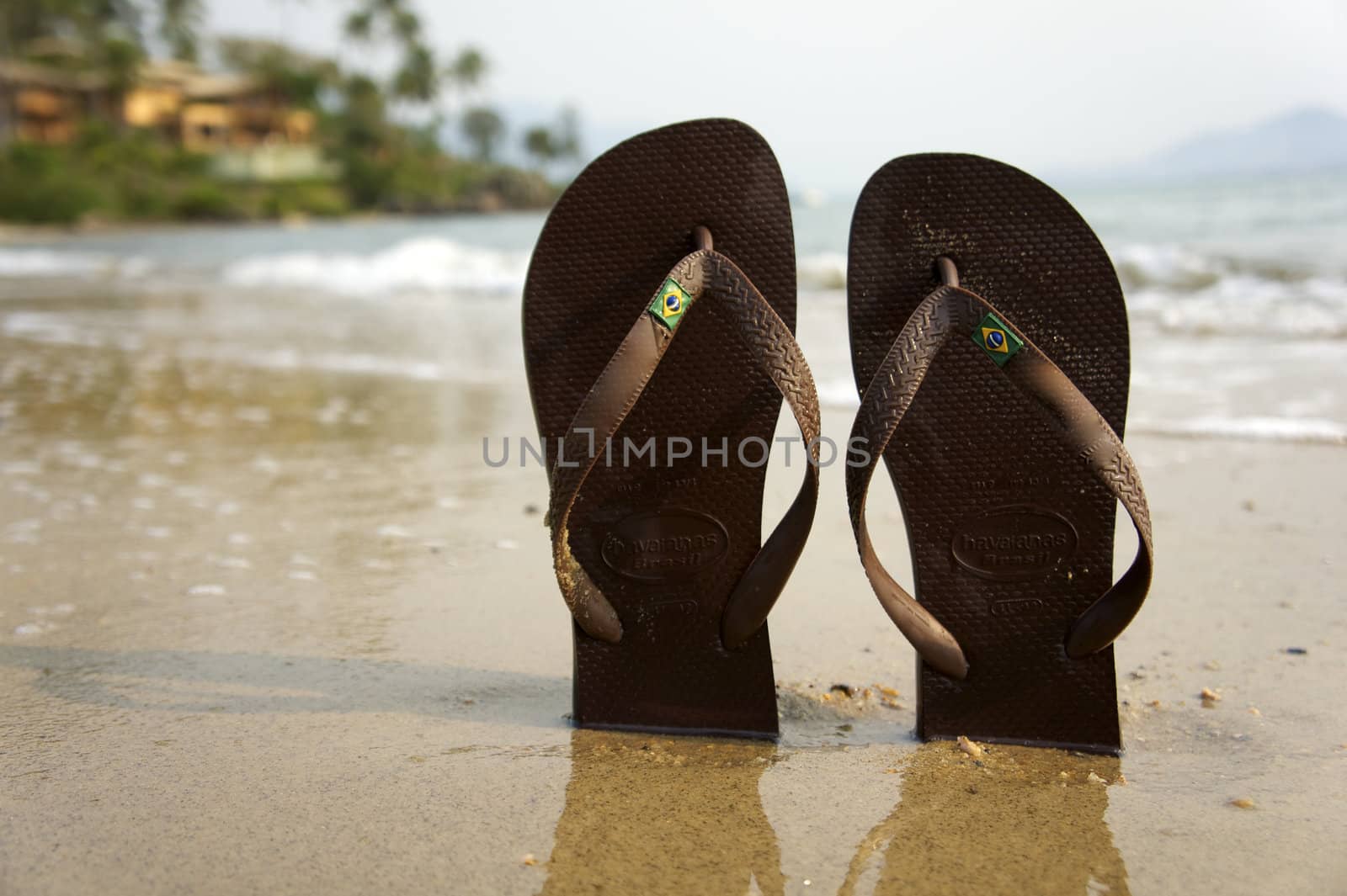 razilian Flipflop on the beach in Ilhabela, Sao Paulo state, Brazil, RAW shooting