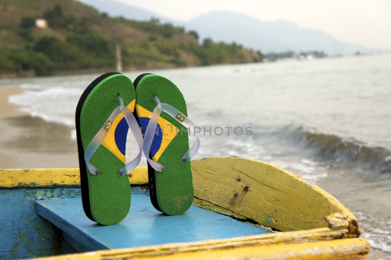 razilian Flipflop on the beach in Ilhabela, Sao Paulo state, Brazil, RAW shooting