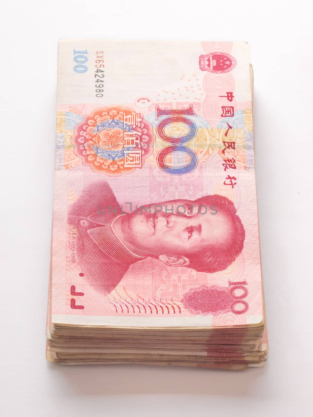 close up of a stack of chinese yuan