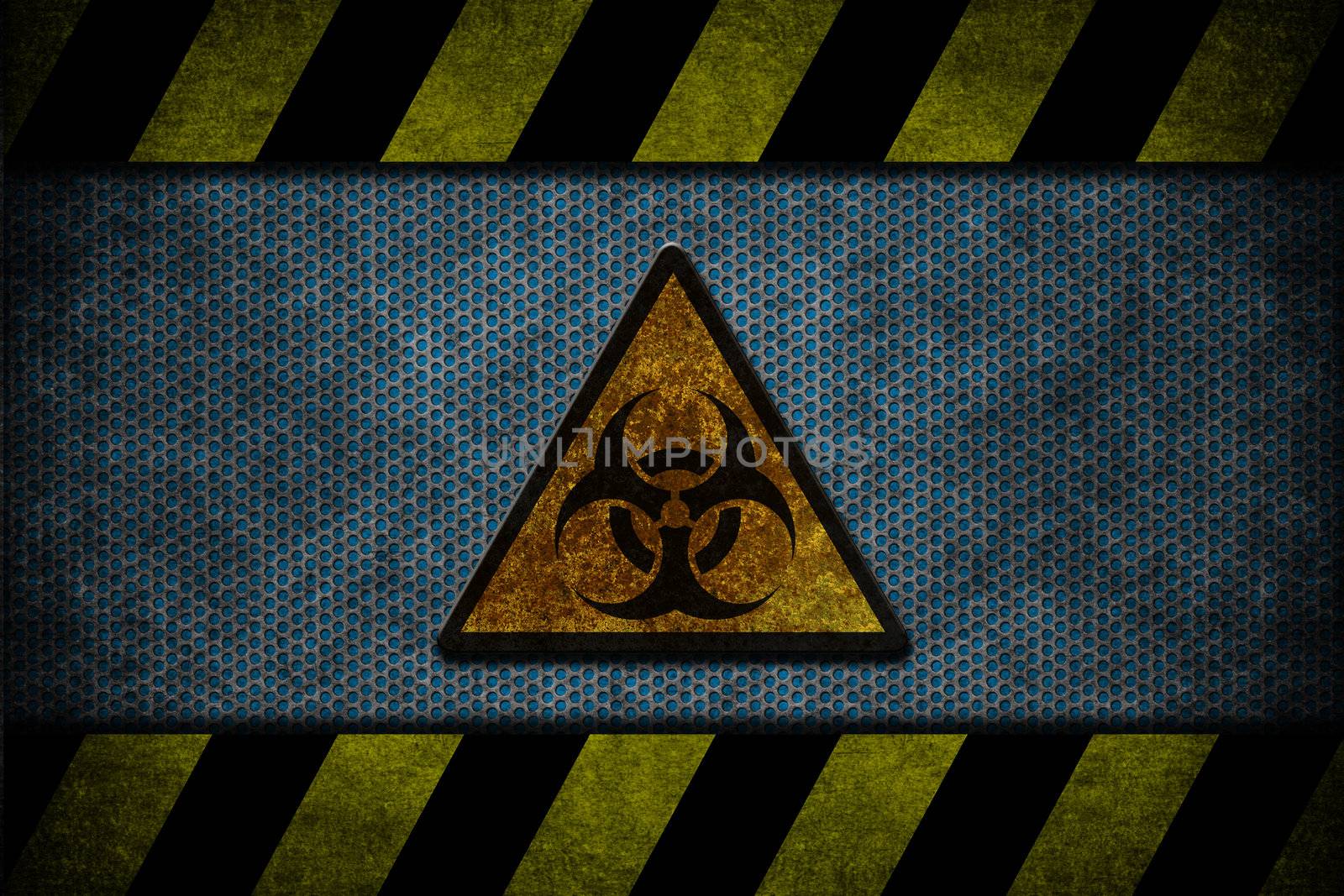 A blue metal with yellow and black danger strips