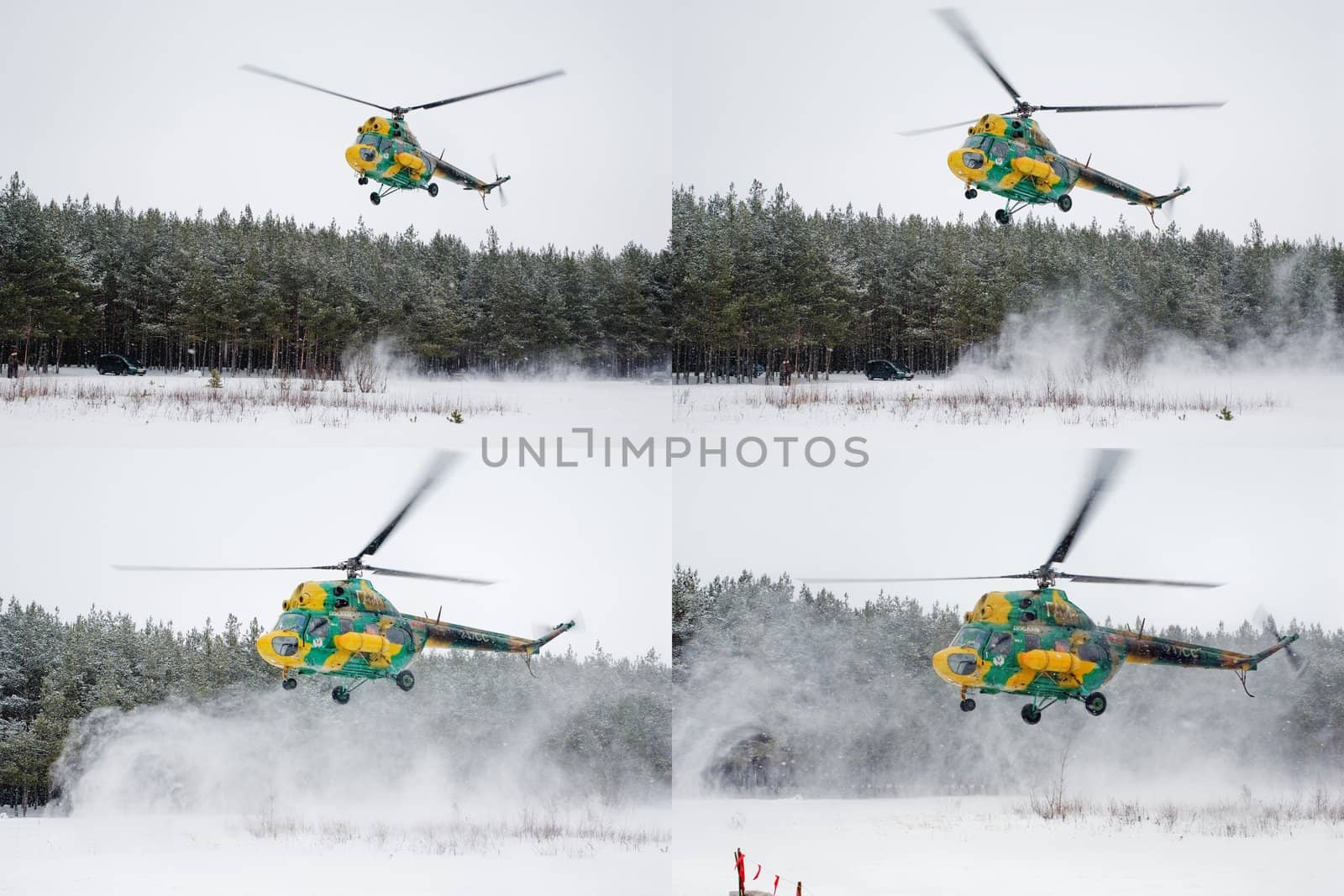 Serial shooting of the flying up helicopter in a snow dust