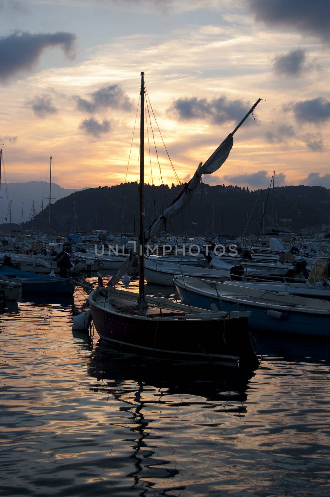 Many boat in a aharbour in the evening