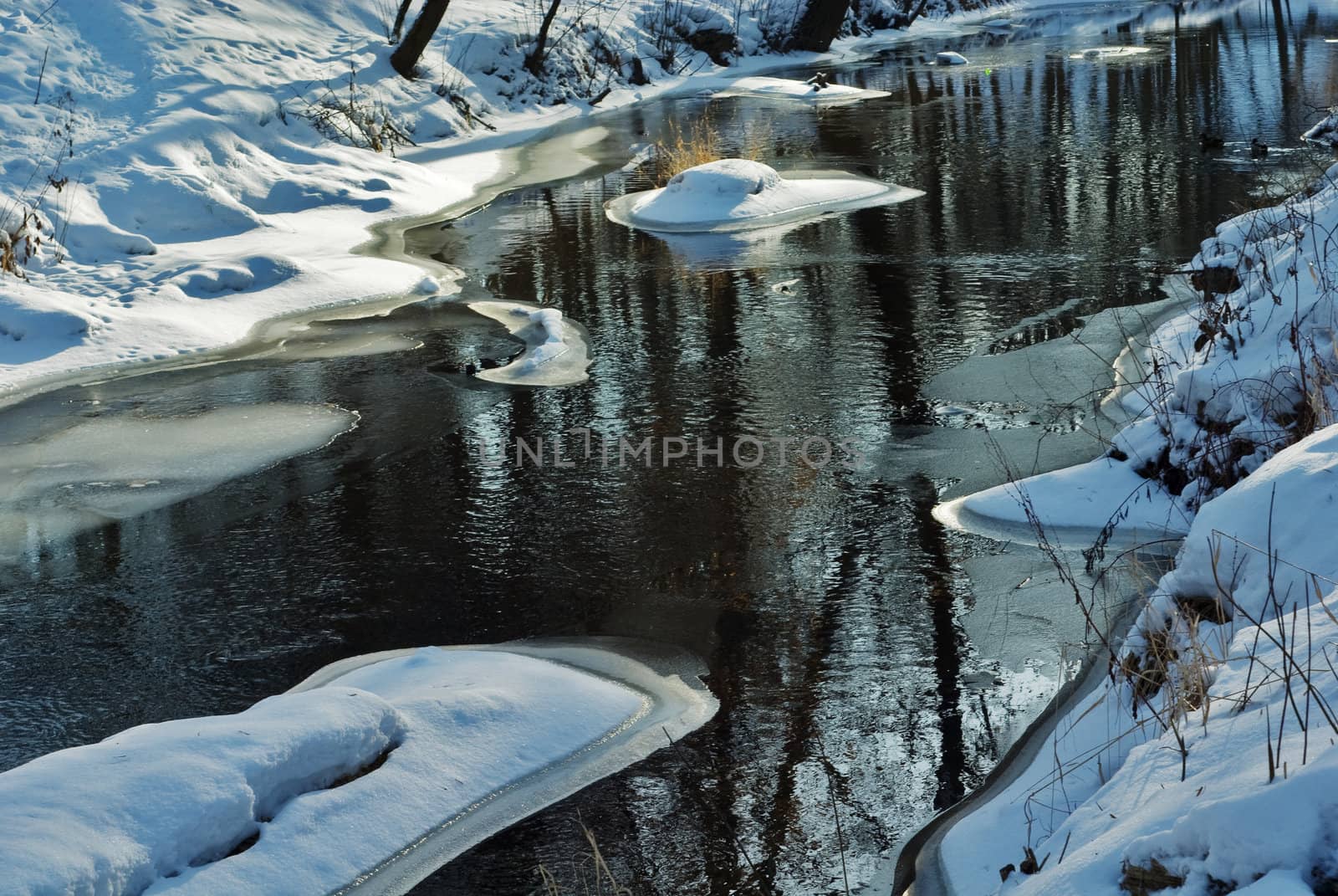 The small spring river  surrounded thawing snow