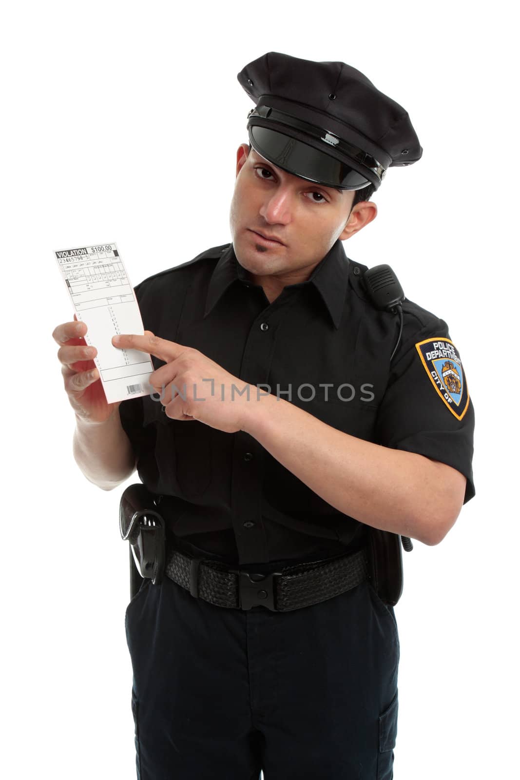 A policeman, traffic warden holding an infringement violation notice, ticket, fine.  White background.