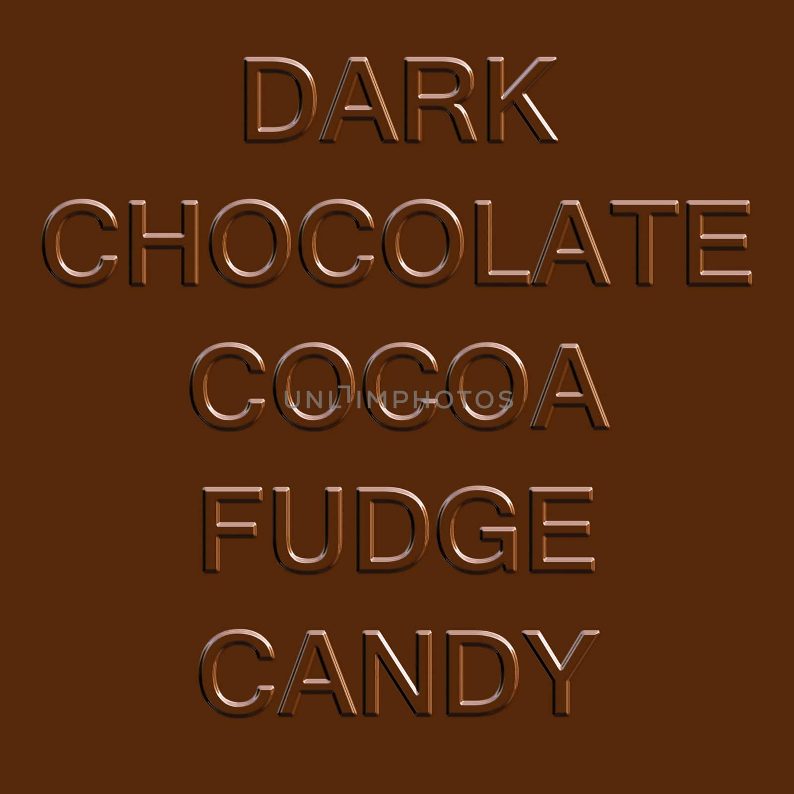 Chocolate related word elements isolated over a dark brown fudge bar background.