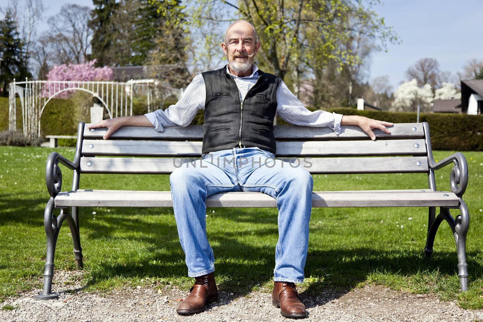 An old man with a grey beard is sitting in the park