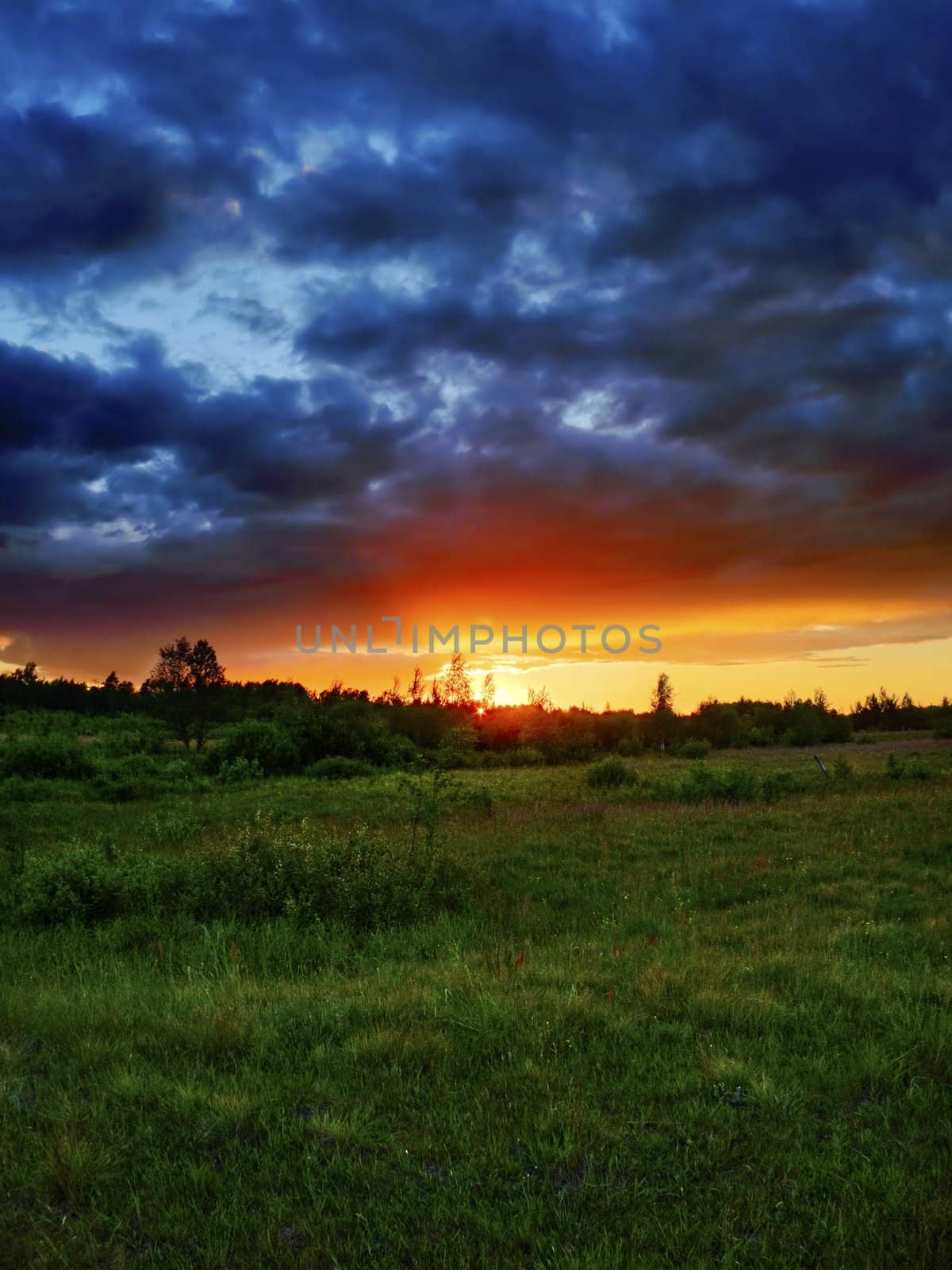 sunset - dark rain clouds over green meadow