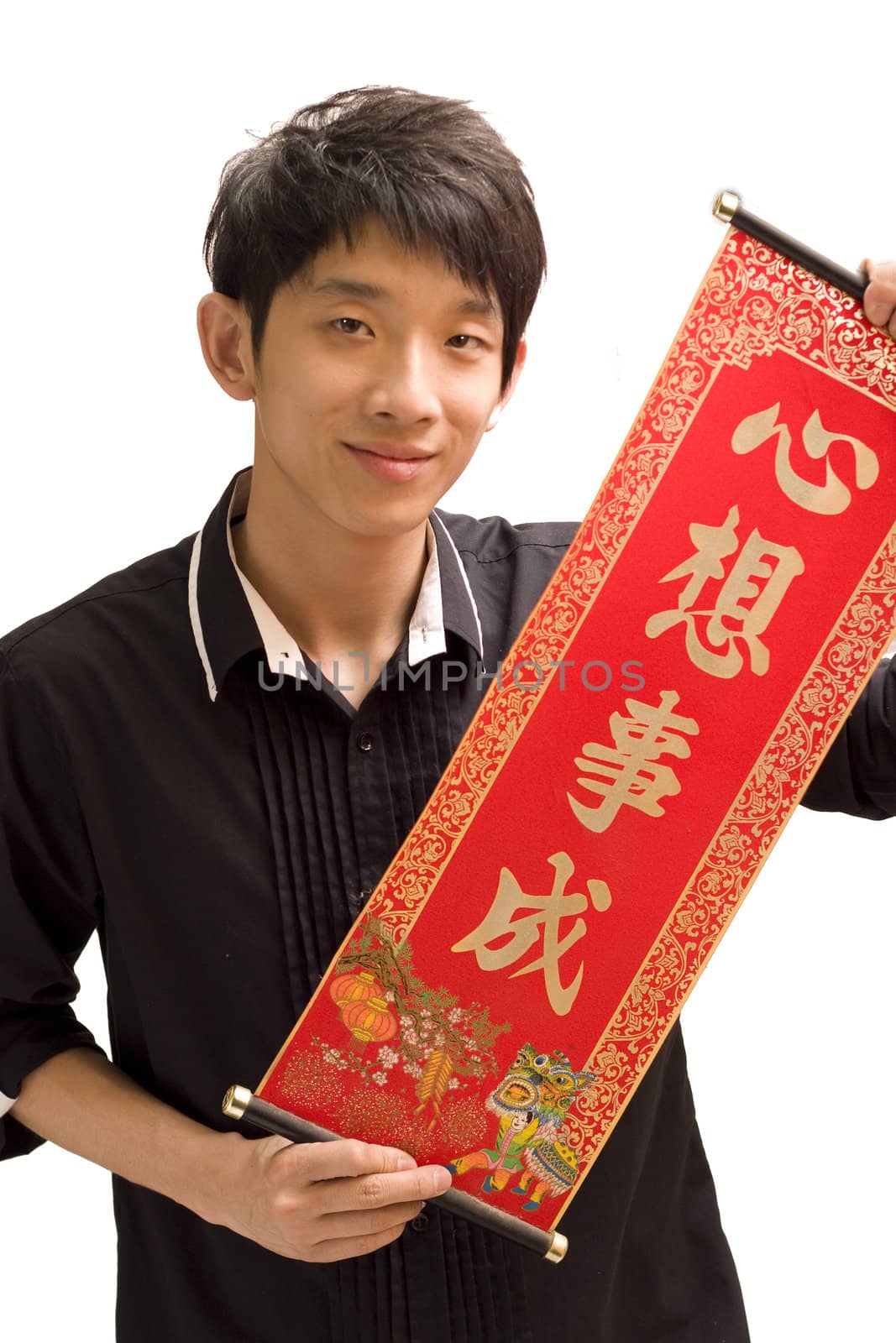 young man hand hold chinese luck word on white