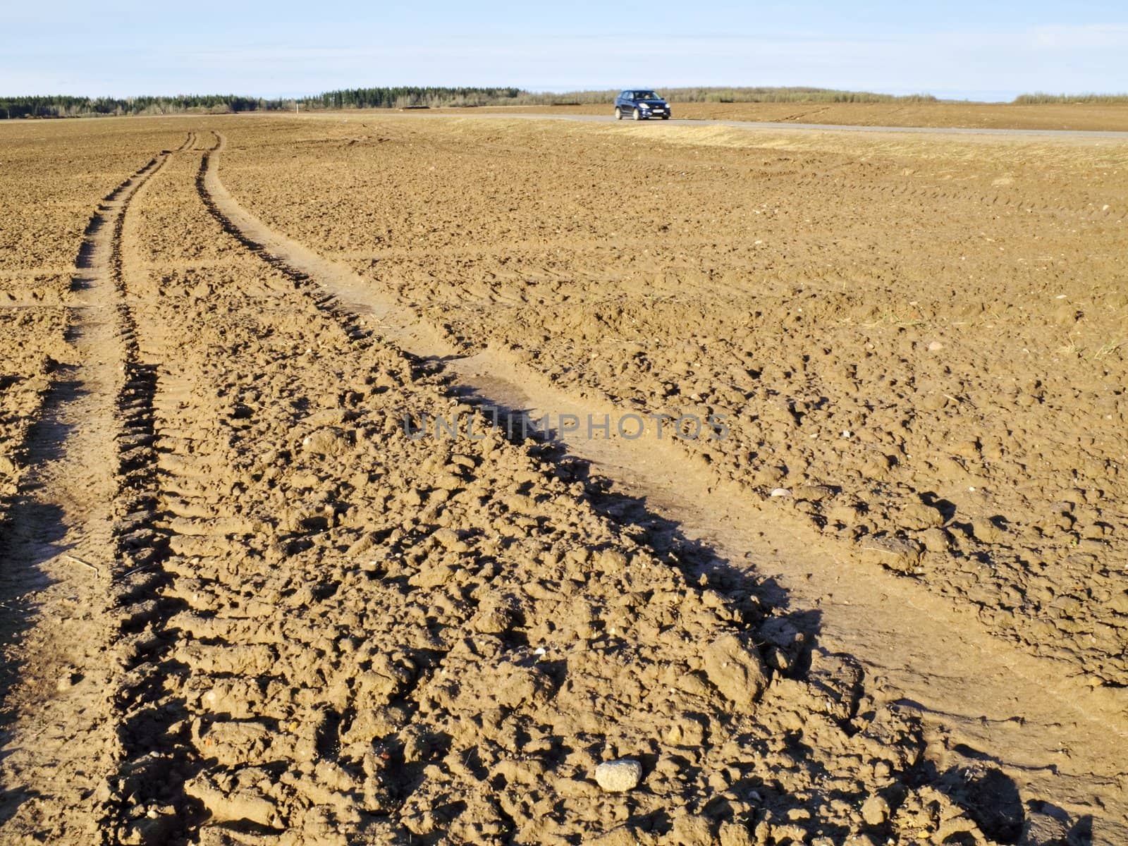Traces of wheels of agricultural machinery on the plowed field