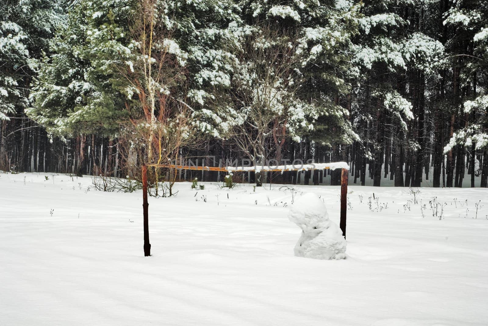 Football gate on a snow field are protected by a snowball