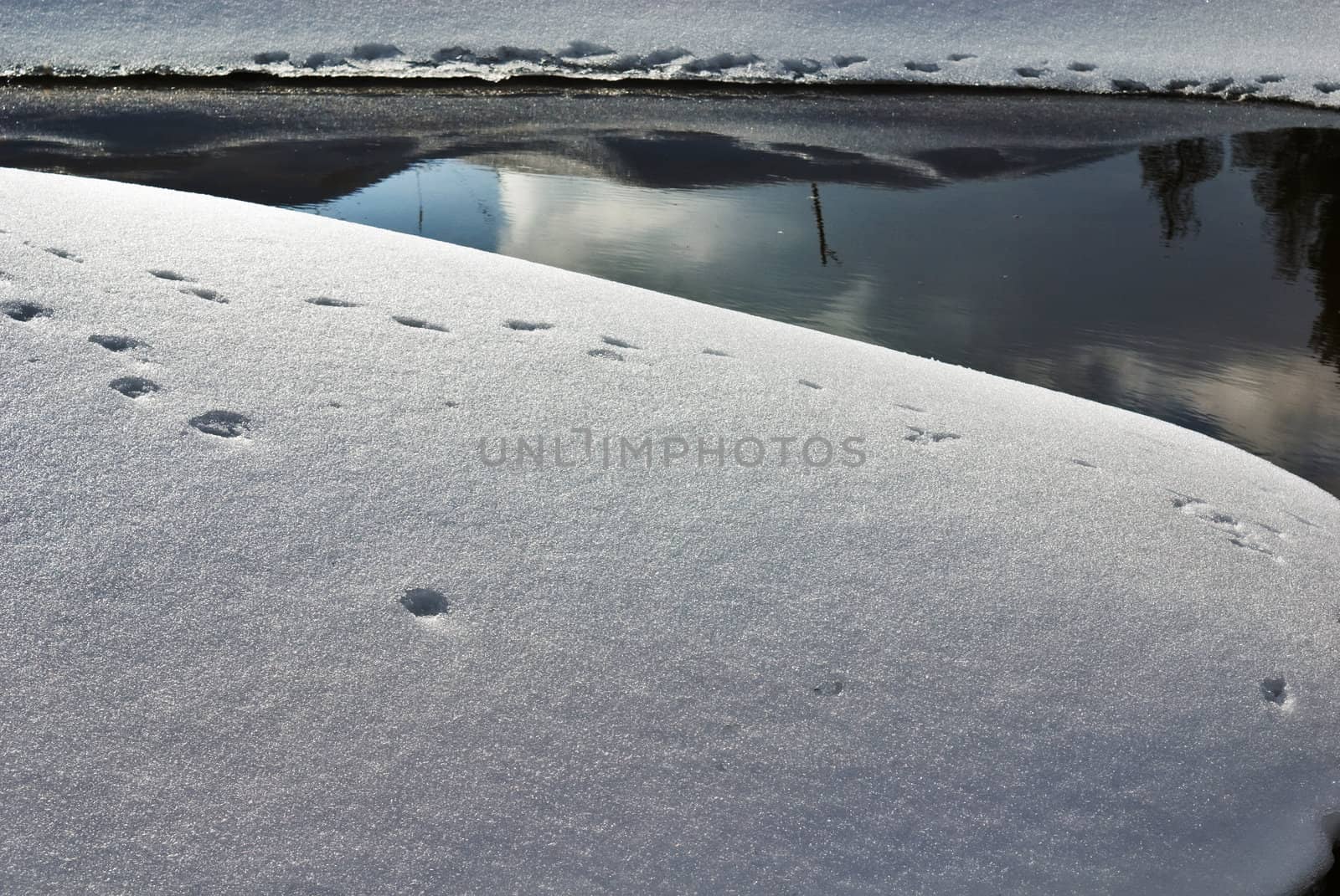 Snowdrifts with traces and smooth water reflecting them