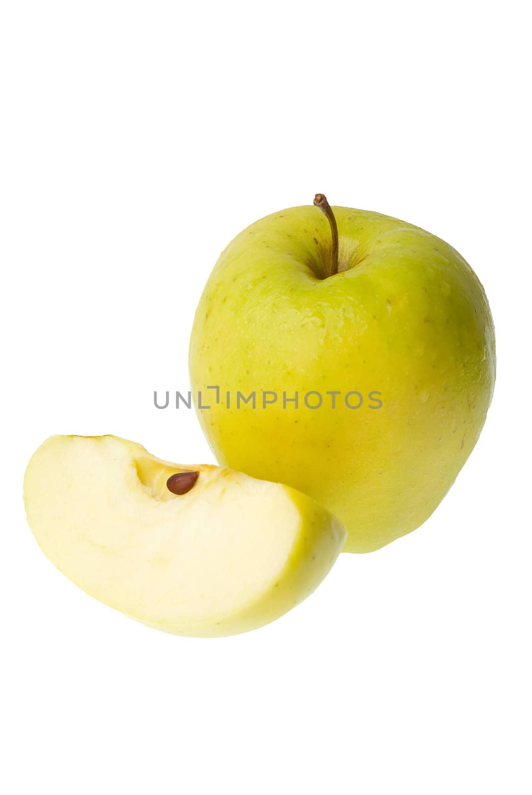 A half and a whole fresh green apple isolated on white background.