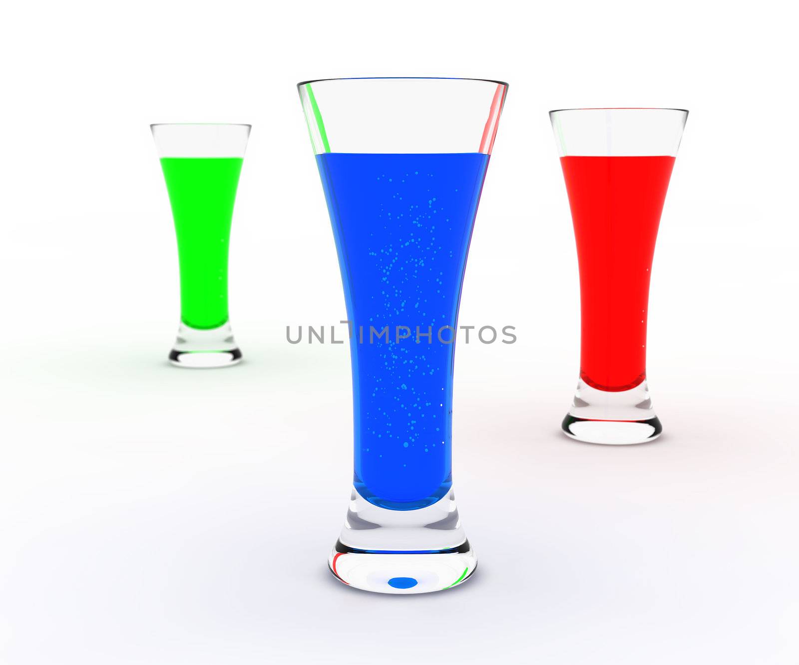Tre glasses with green, red and blue liqueur isolated on white