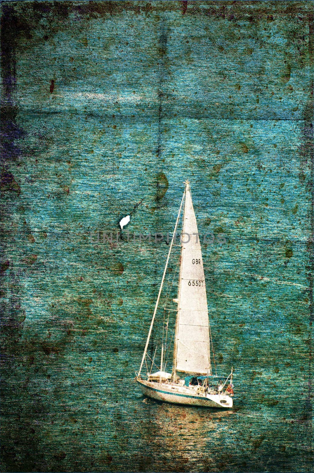 A grunge image of a boat in the sea