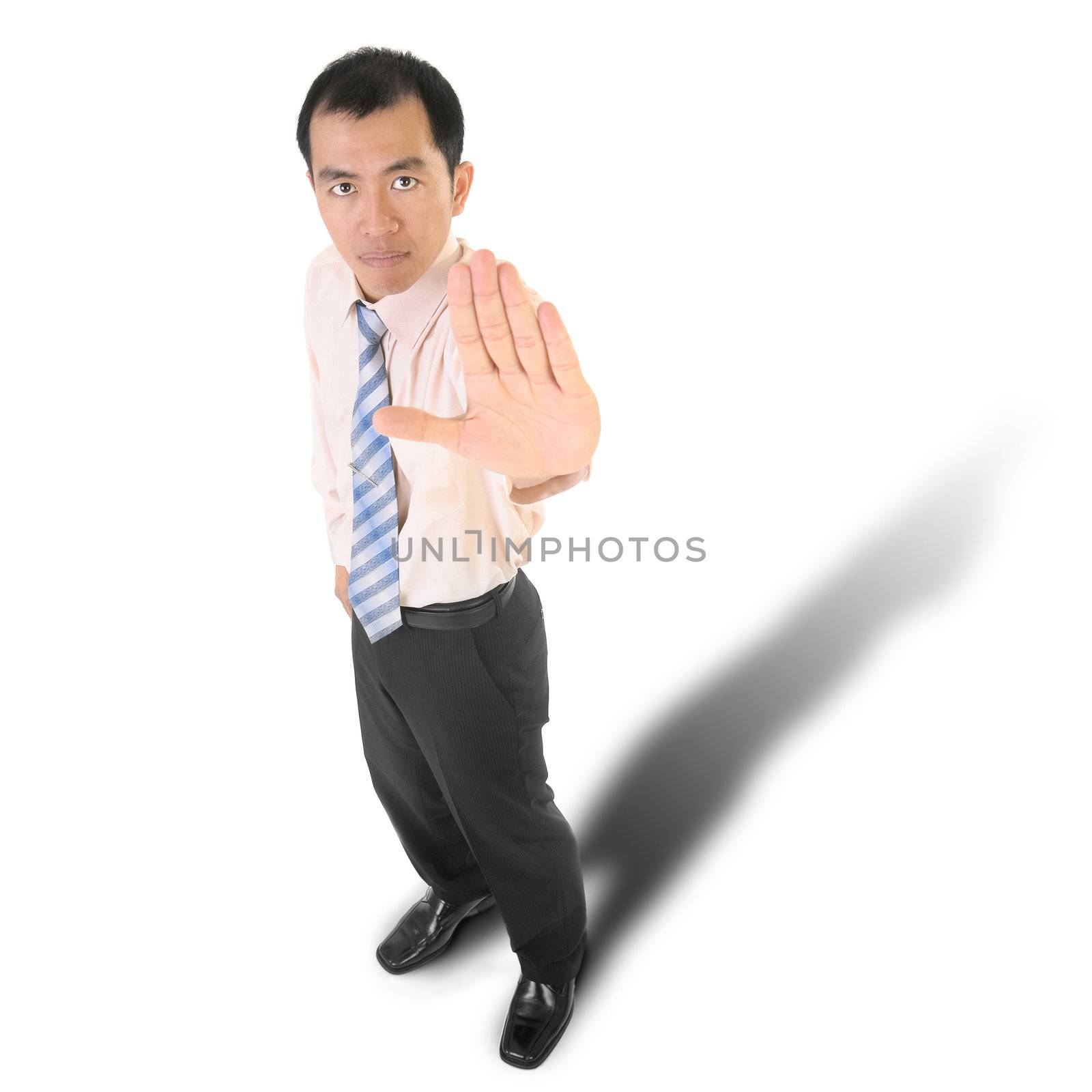 Mature business reject, full length portrait isolated on white.