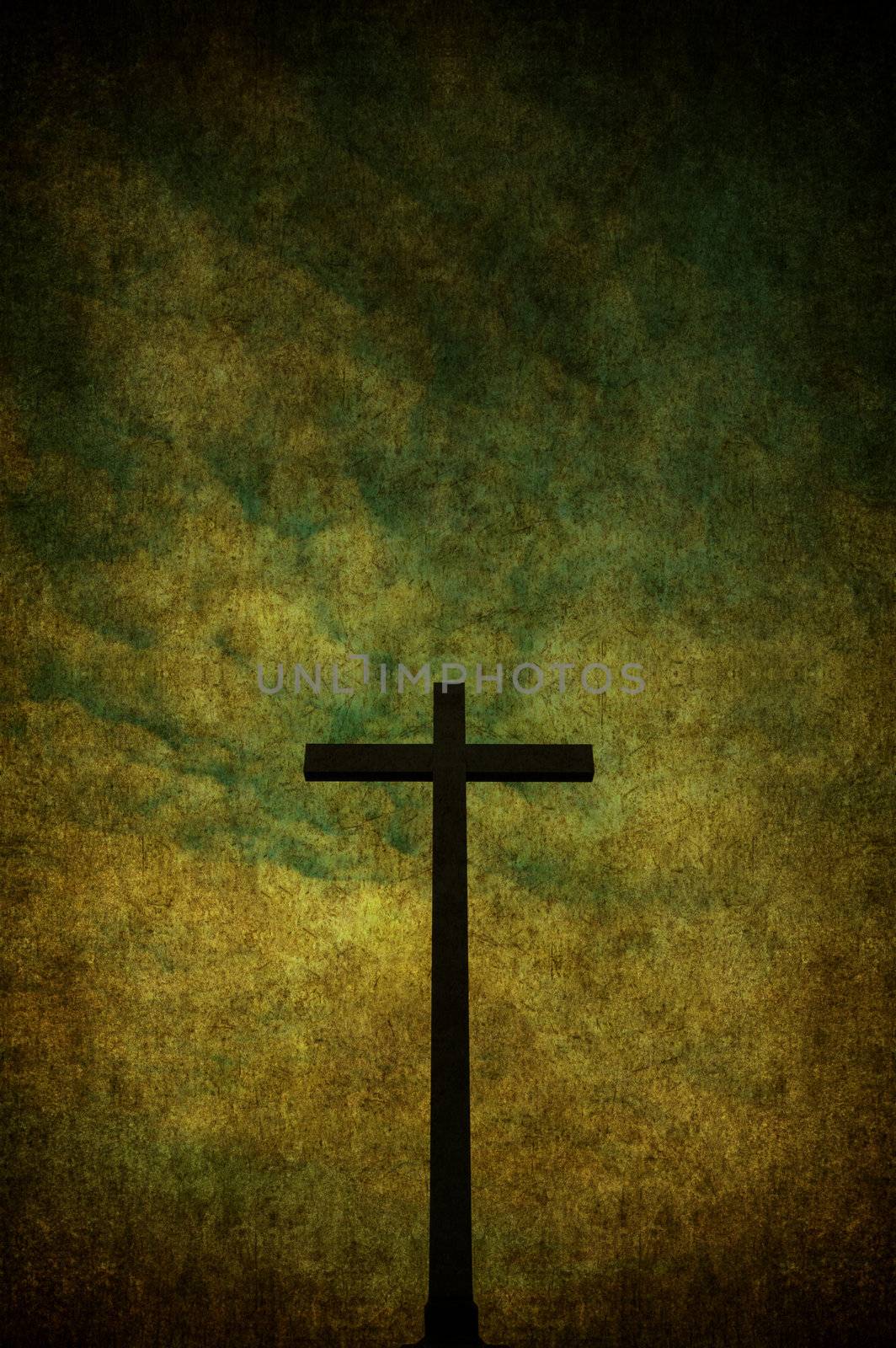 A cracked yellow grunge wall with metal cross