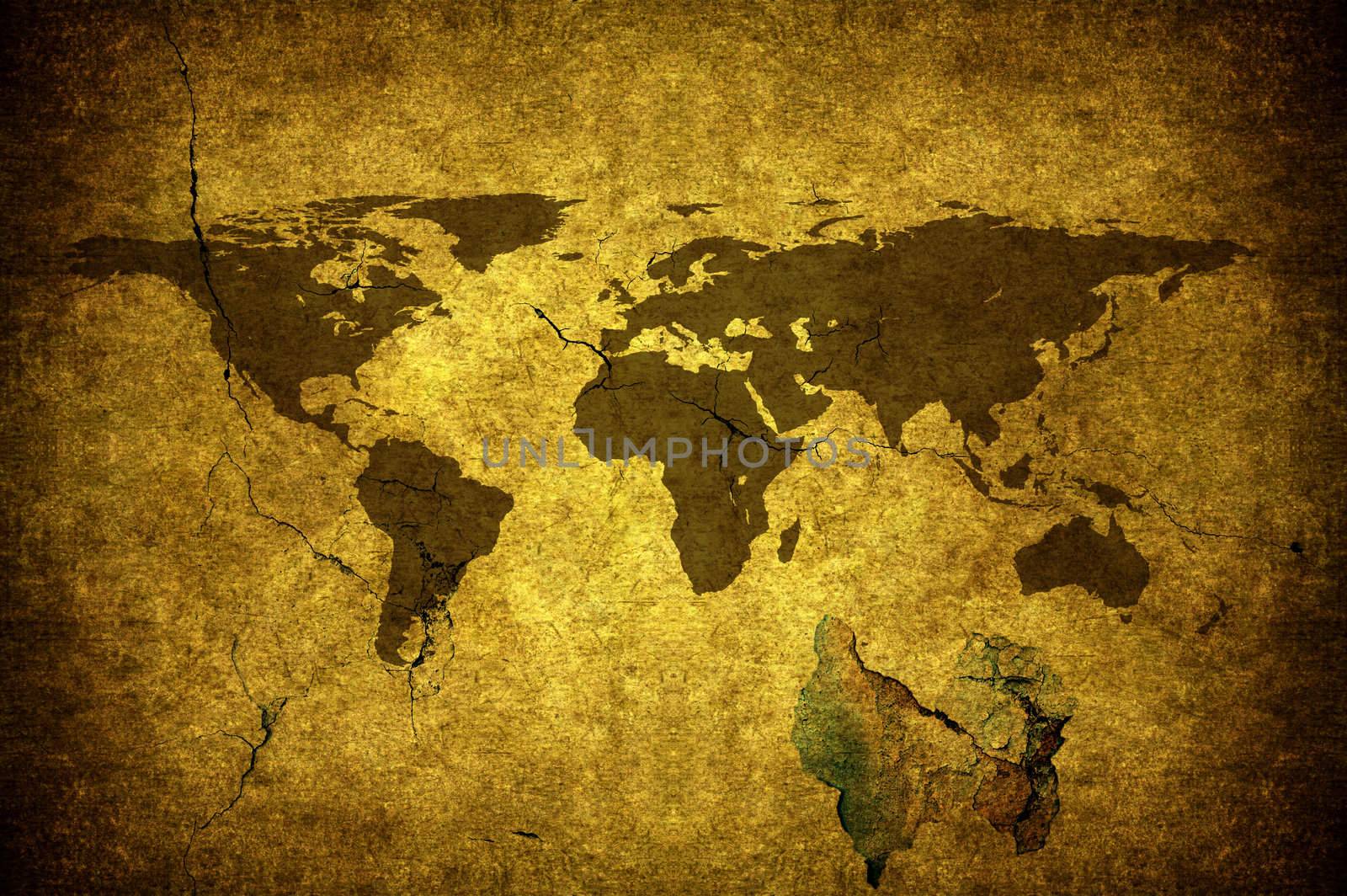 A grunge yellow map uf the world