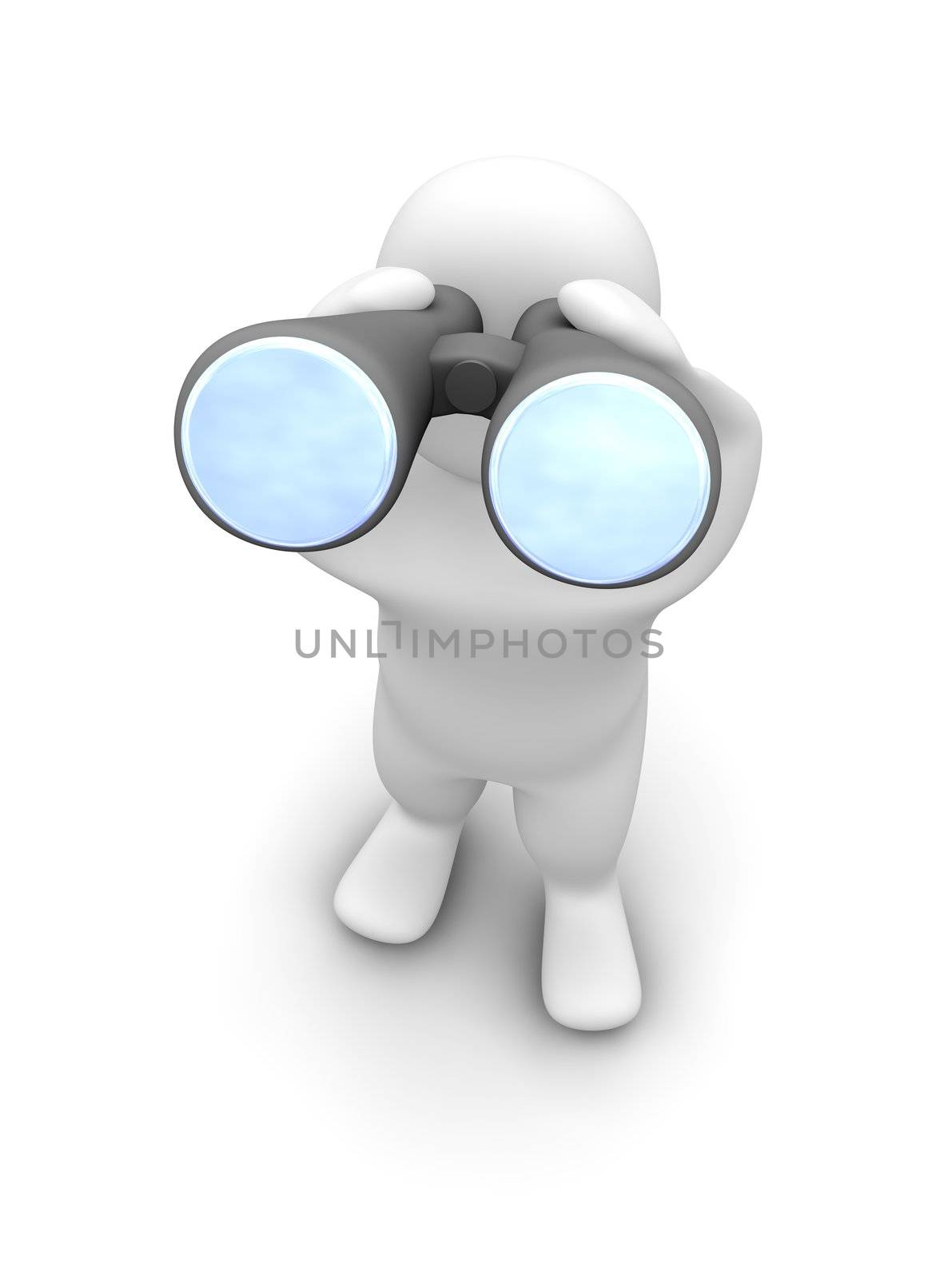 Man looking through binoculars. 3d rendered illustration.