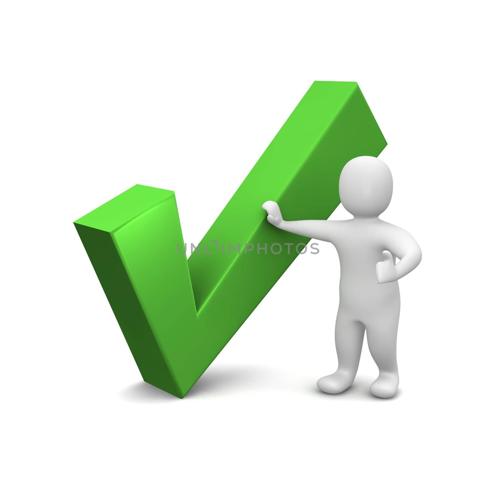 Man and green check mark. 3d rendered illustration.