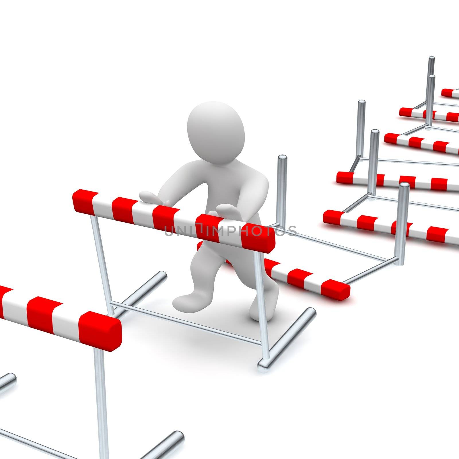 Man overcome or knocking down hurdles. 3d rendered illustration.