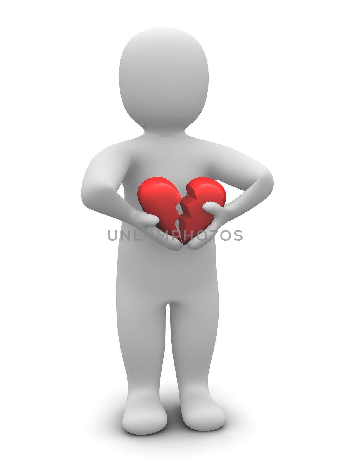 Man with broken heart. 3d rendered illustration isolated on white.