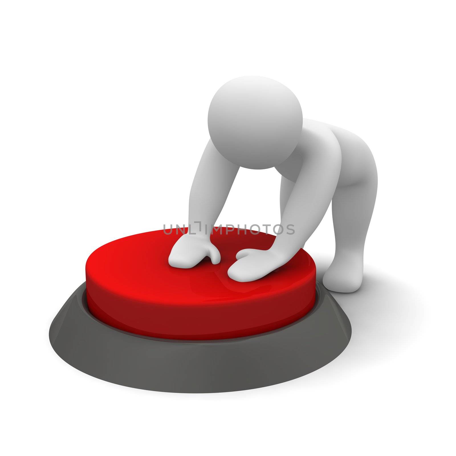 Man pushing red button. 3d rendered illustration.