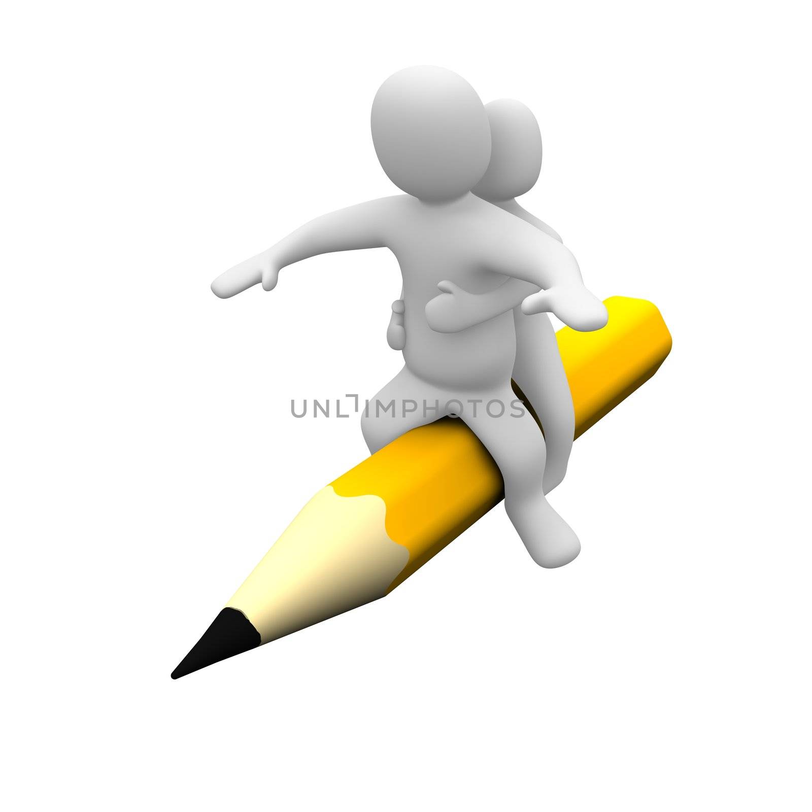 Man and woman sitting on pencil. 3d rendered illustration.
