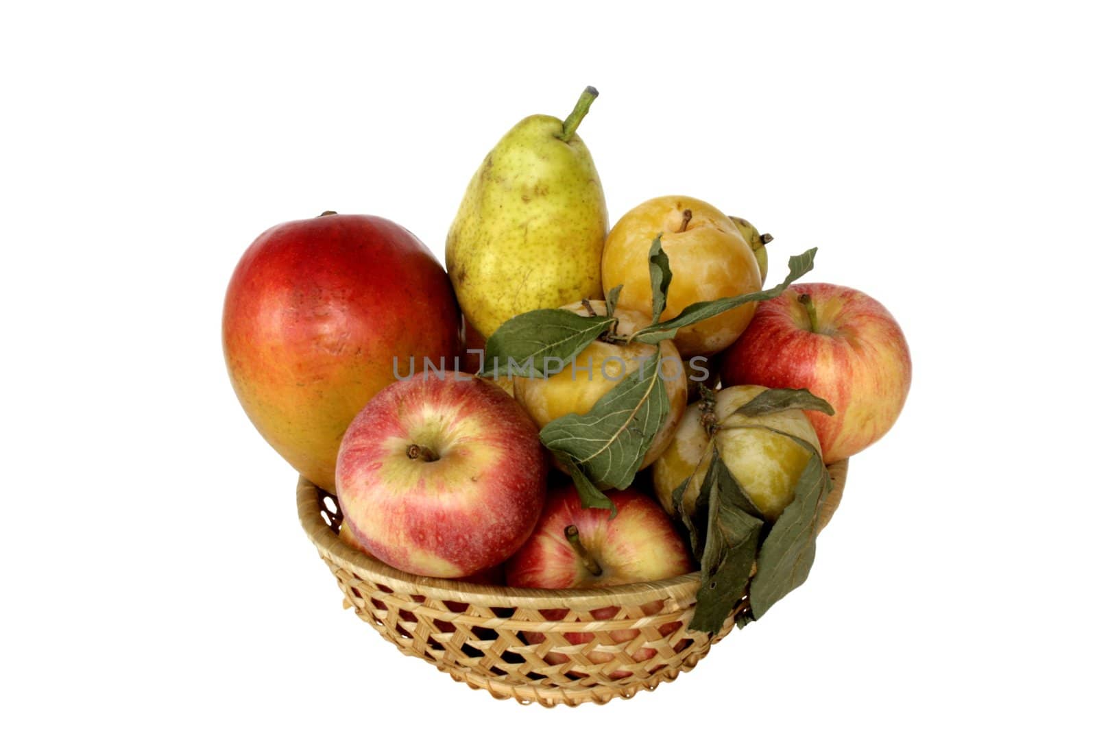 Fruit in wicker wooden vase in isolated over white