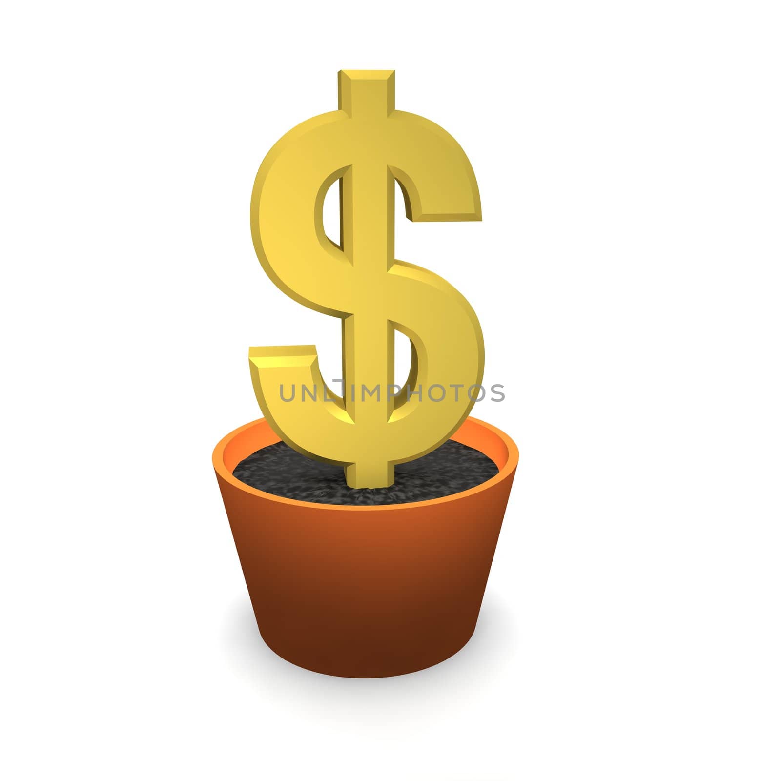 Golden dollar in flower pot. 3d rendered illustration