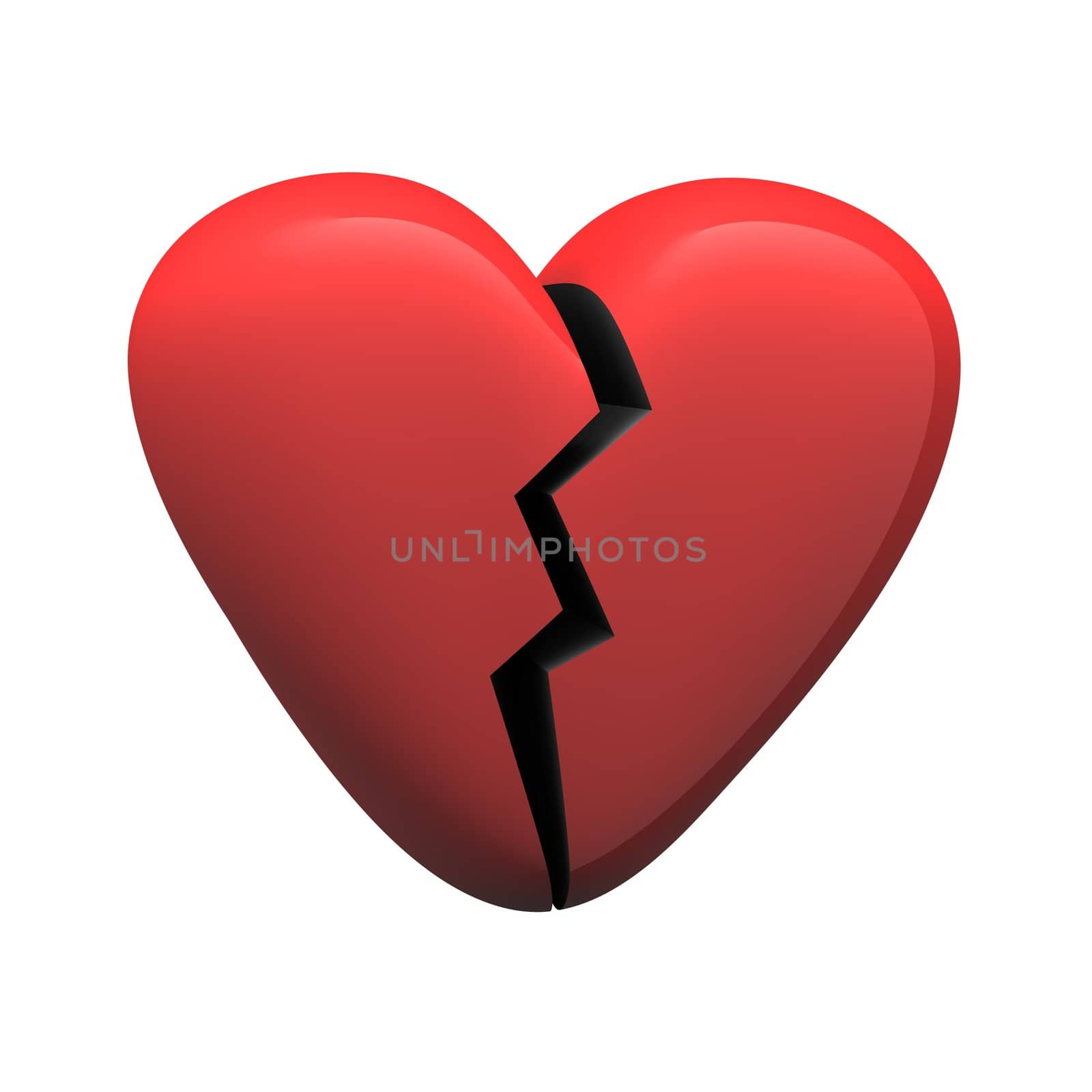 Red glossy broken heart isolated on white. 3d rendered illustration.