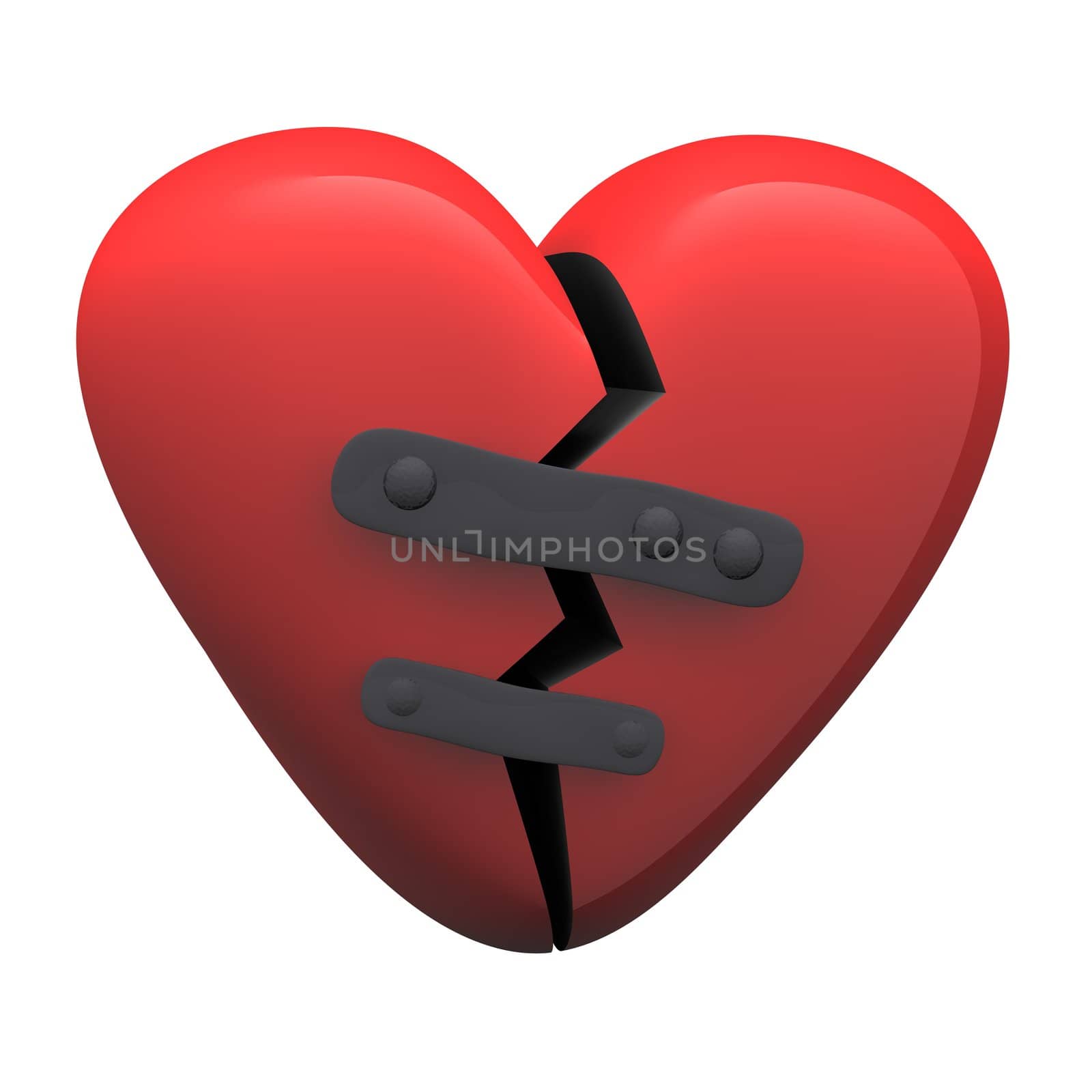 Red glossy patched heart isolated on white. 3d rendered illustration.