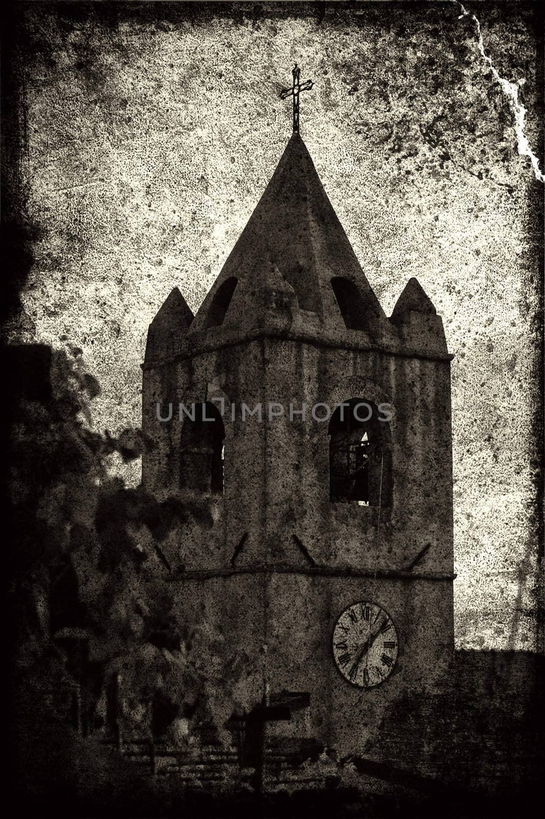 A grunge image of a bell tower
