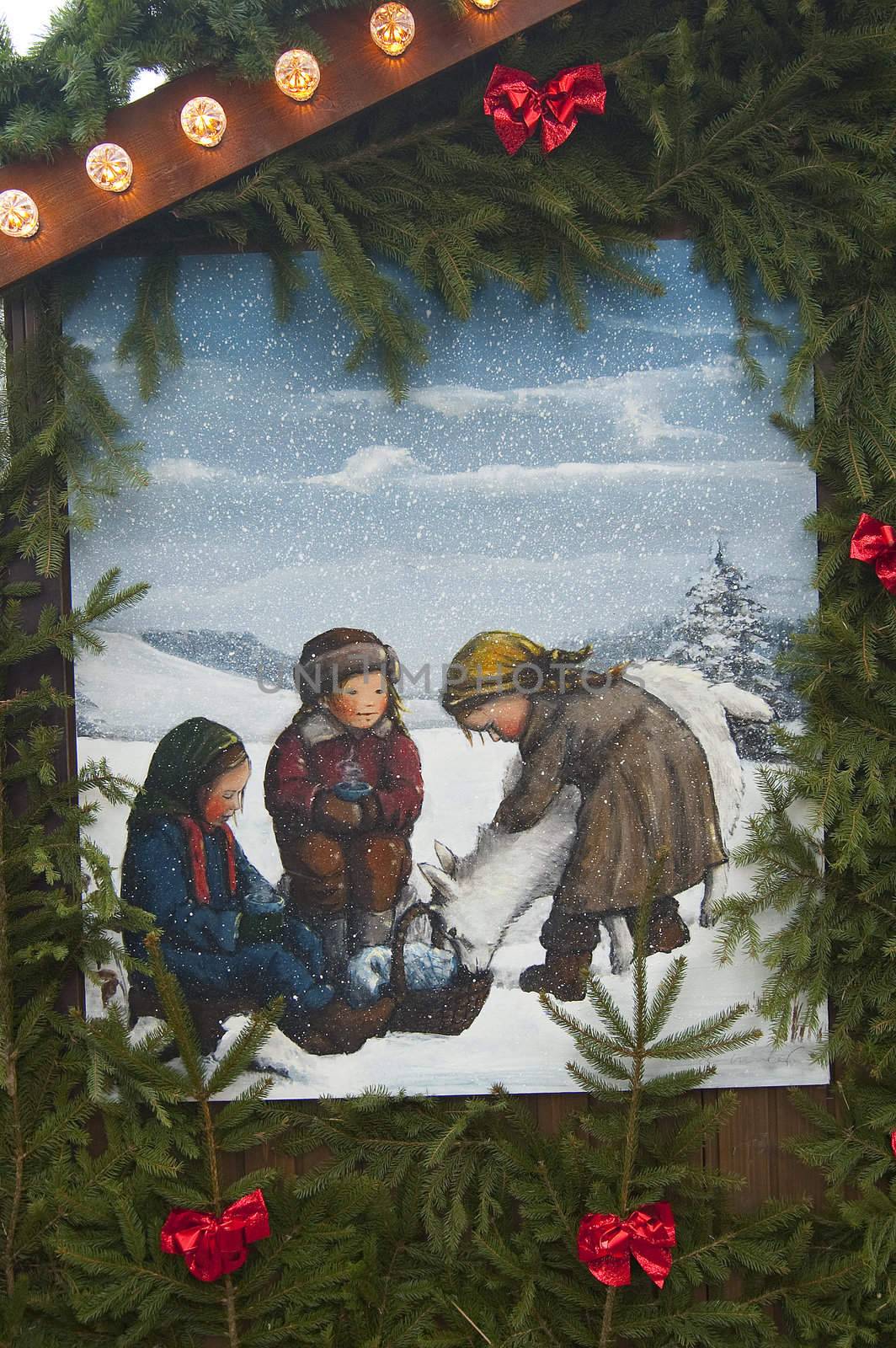 Three childrens and a sheep painted under snow