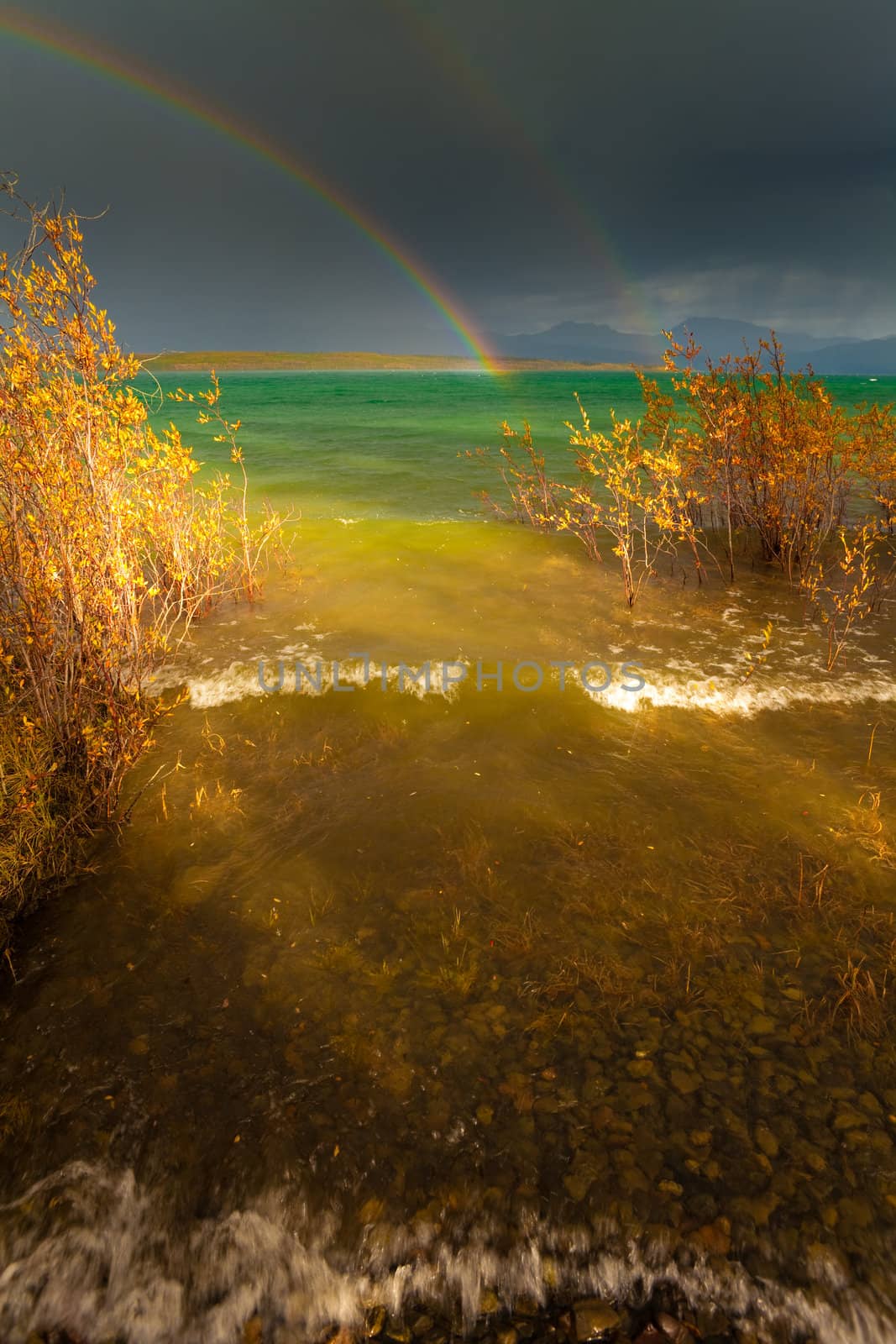 A Thundershower producing a rainbow over the gree-blue waters of pristine Lake Laberge, Yukon Territory, Canada.