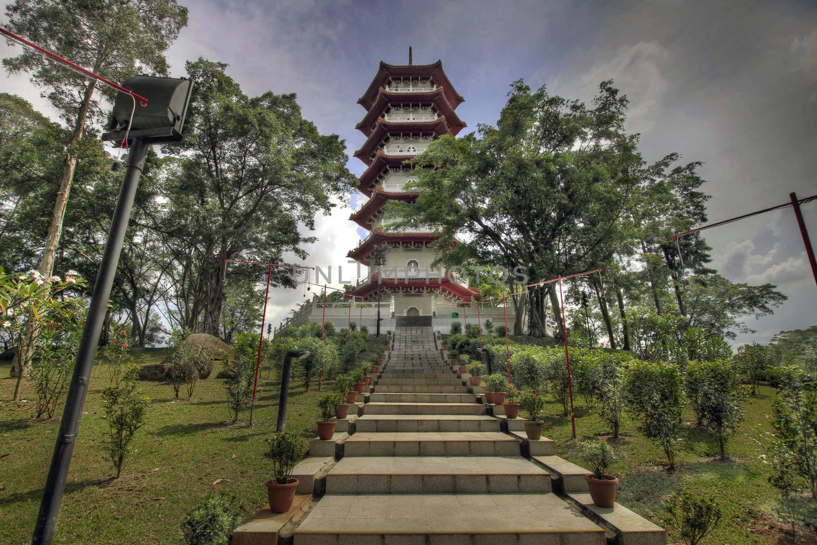 Singapore Chinese Garden Pagoda with stairs leading up to the hill.