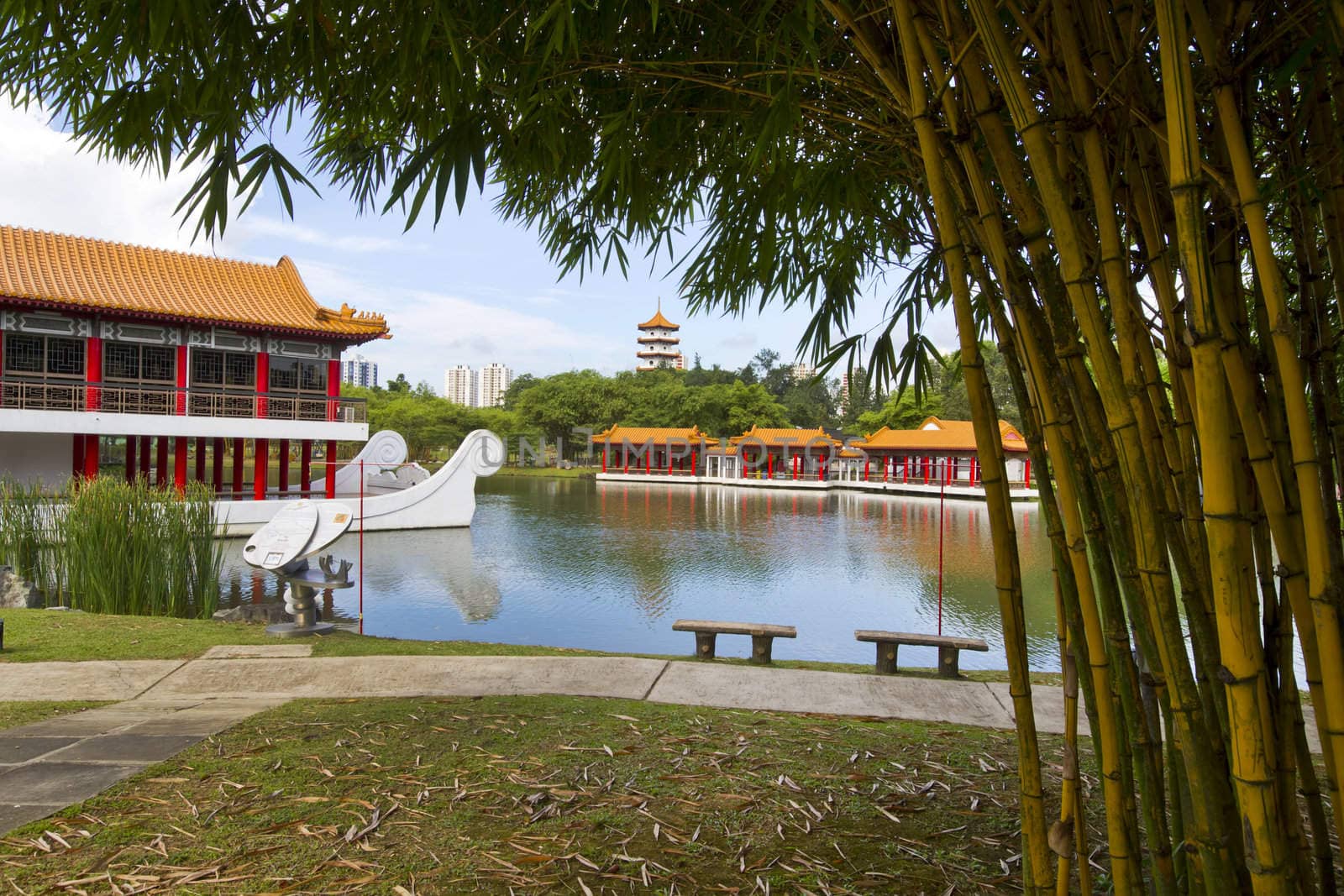 Singapore Chinese Garden Park with Bamboo and Pavilion by the Pond