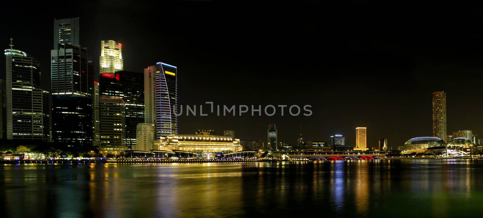 Singapore City Skyline by the River at Night Panorama