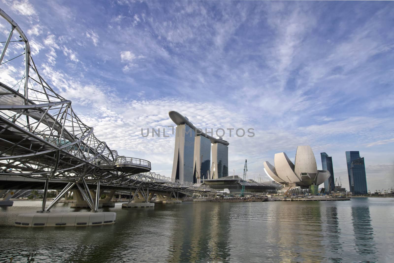Singapore Skyline with Helix Bridge over River