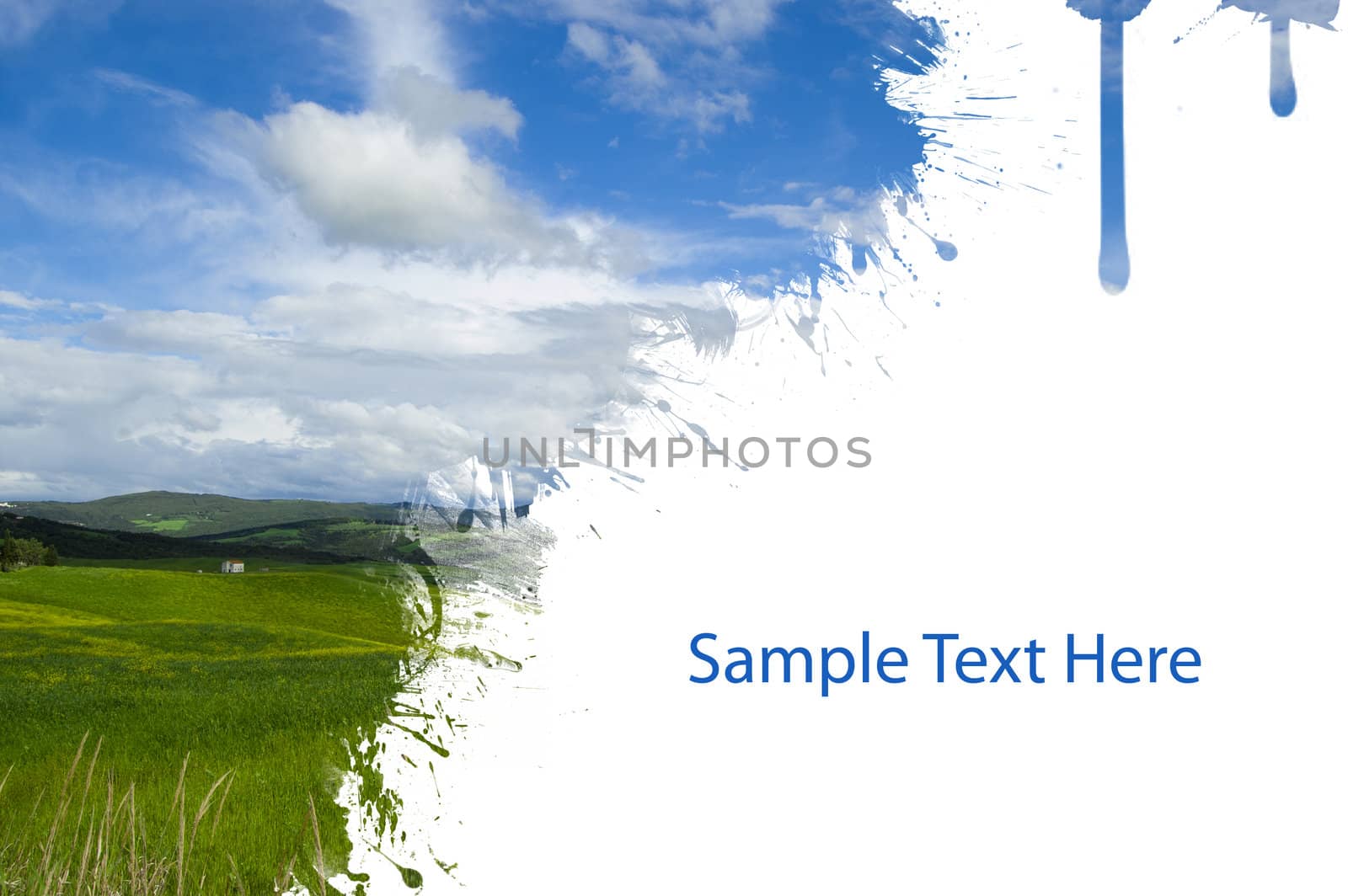 A painted field with cloudy sky on white background