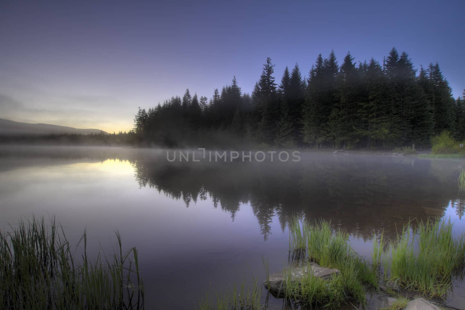 Sunrise Morning Fog at Trillium Lake with Reflection