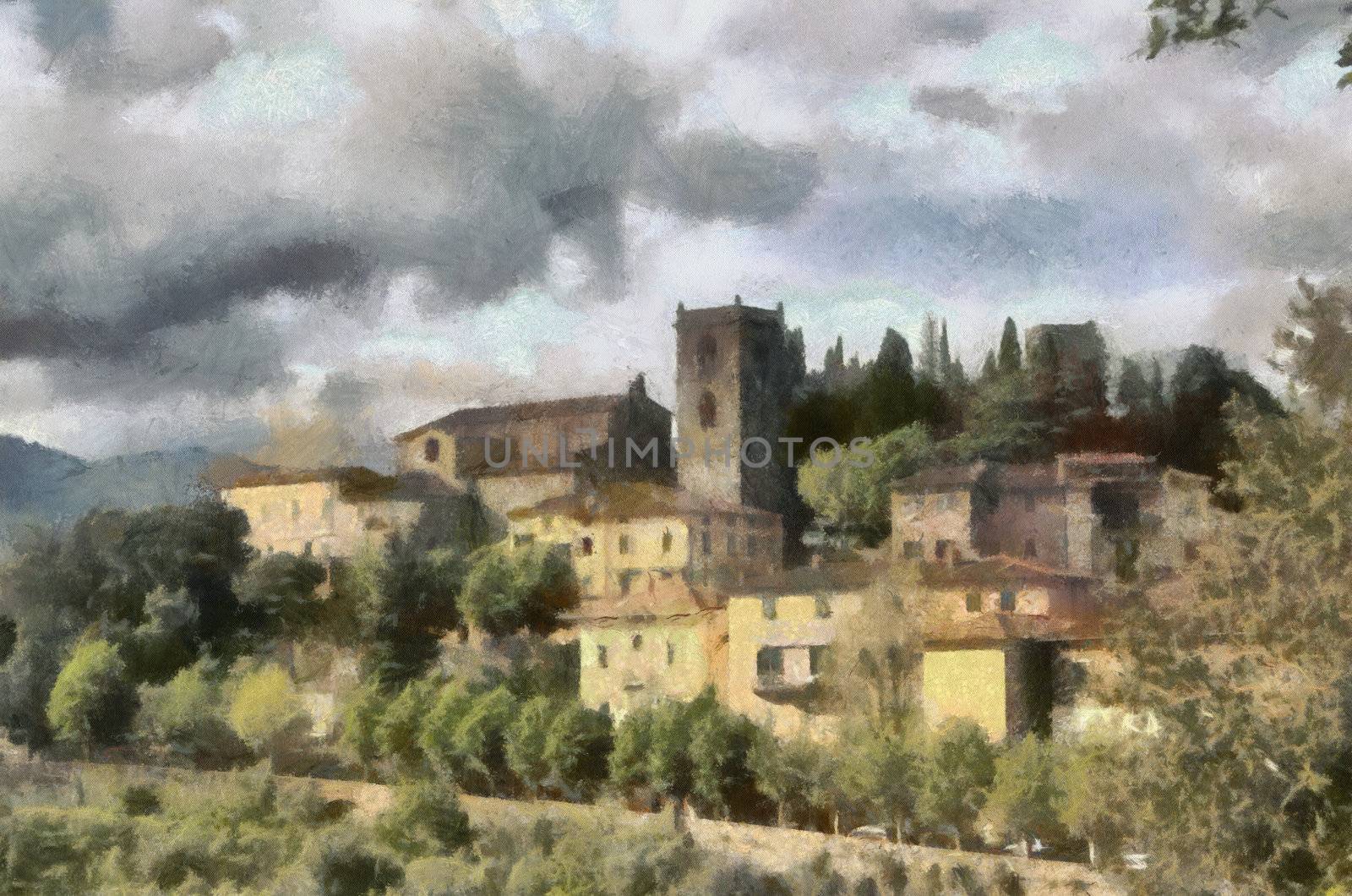 A colored watercolor painting of a tuscany landscape