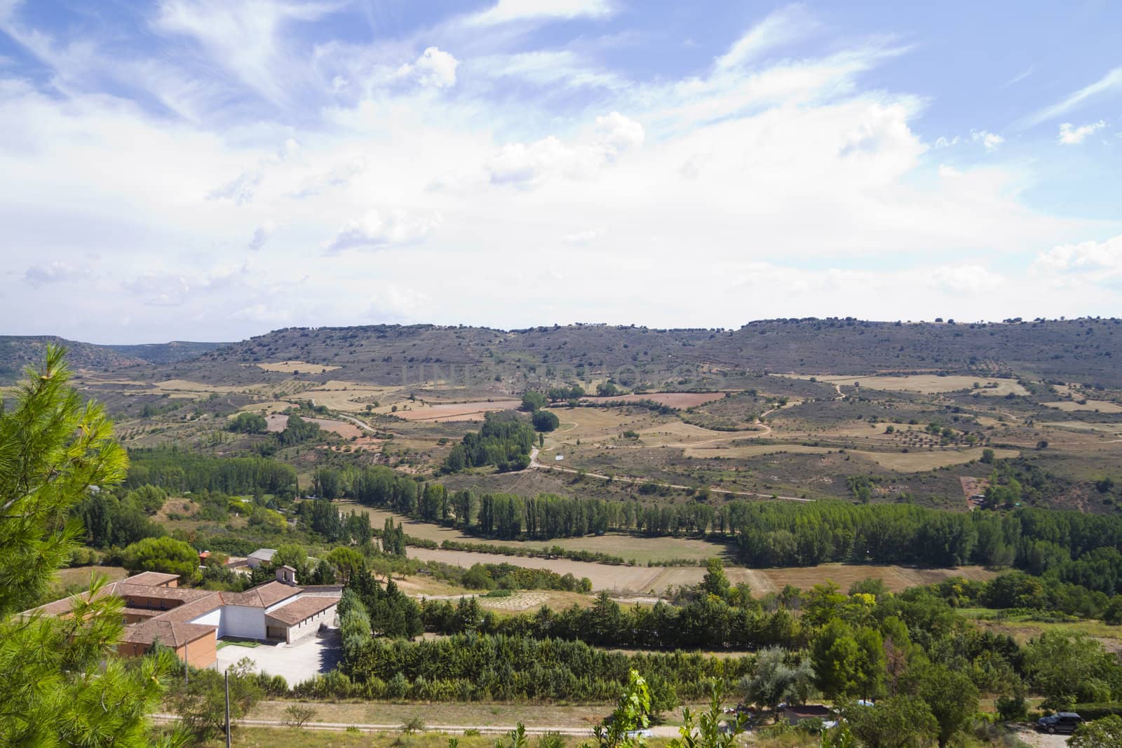 View along the river Tajo, with fields. Brihuega, Spain