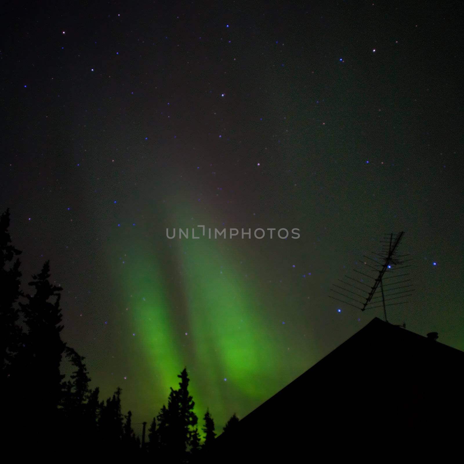 Bright northern lights (Aurora borealis) above house in northern Canada.