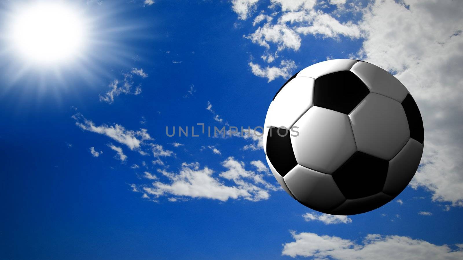 A soccer ball fly in a sunny sky