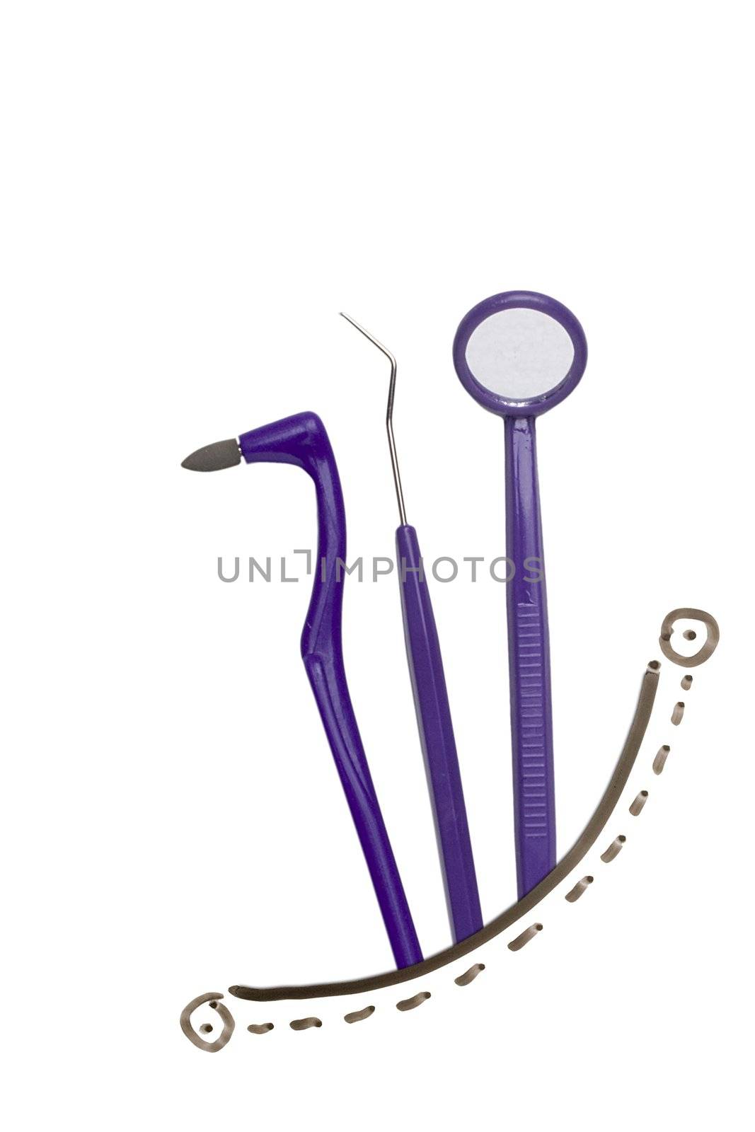 Purple dental tools in a drawn pocket.